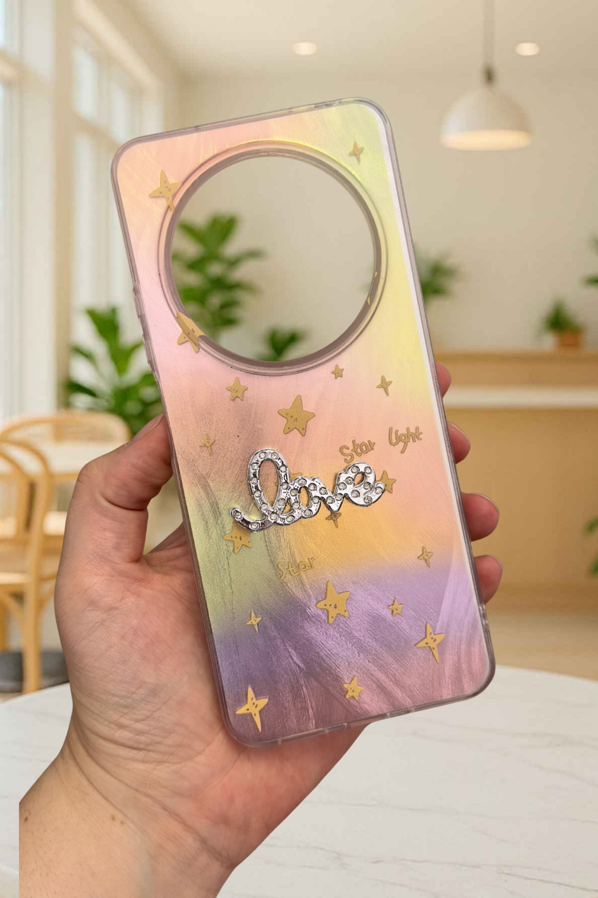 Redmi 14C Parlak Taşlı “Love” Yazılı Yıldız Desenli Telefon Kılıfı – Pastel Renkli Star Love Kılıf