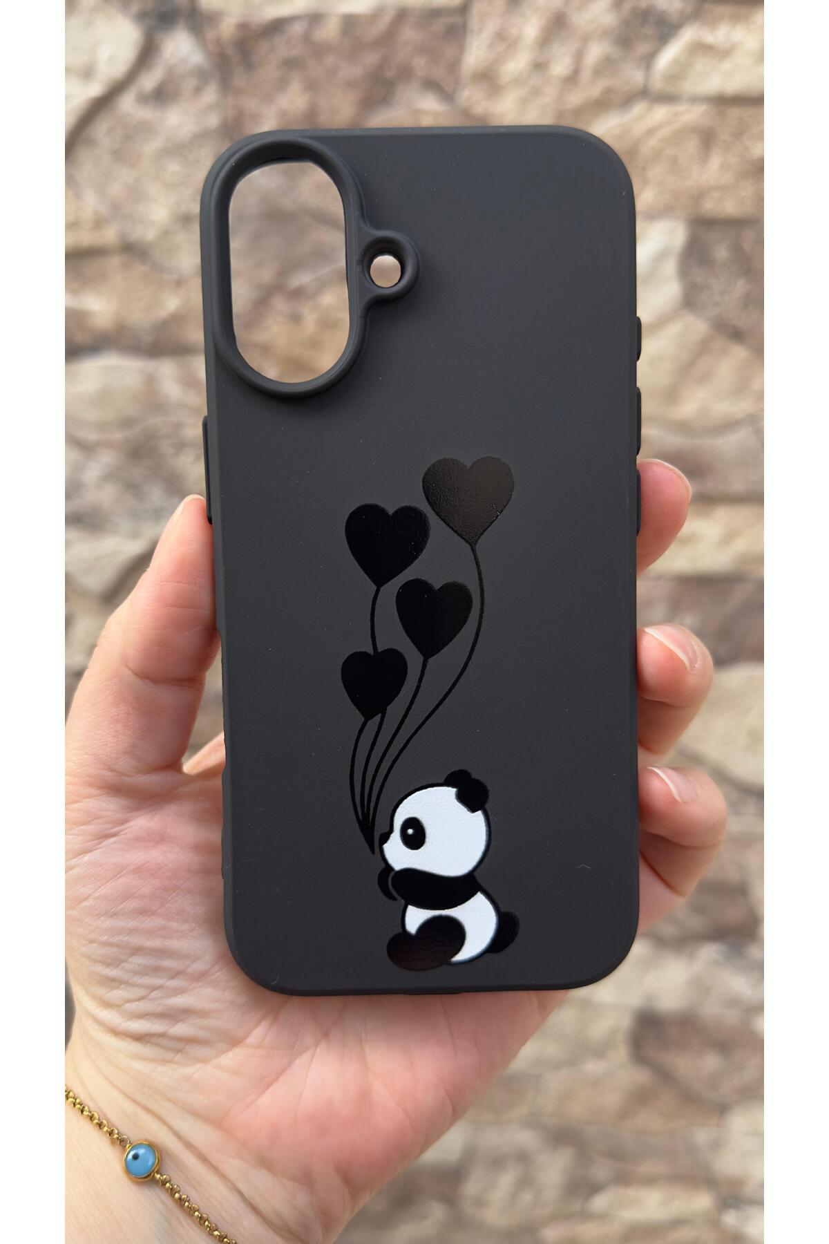 iPhone 16 Plus Uyumlu Kalpli Panda Desenli Silikon Darbe Emici Klasik Korumalı Rubber Kılıf