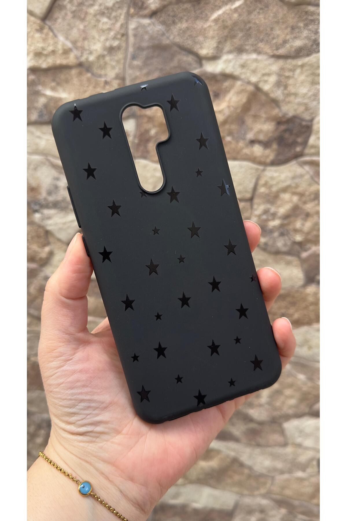 Redmi Note 8 Pro Uyumlu Mini Siyah Yıldız Desenli Silikon Darbe Emici Klasik Korumalı Rubber Kılıf