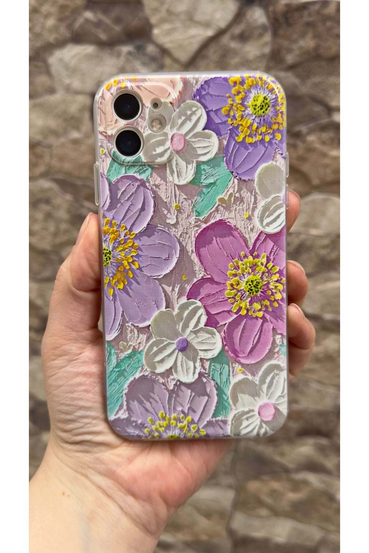 iPhone 11 Uyumlu Mor Çiçek Desenli Şeffaf Darbe Emici Kamera Korumalı Clear Kılıf