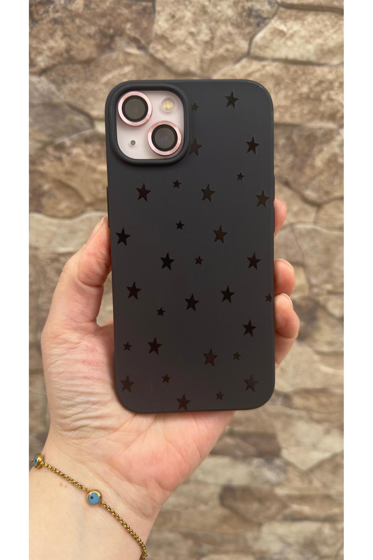 iPhone 13/14 Uyumlu Mini Siyah Yıldız Desenli Silikon Darbe Emici Klasik Korumalı Rubber Kılıf