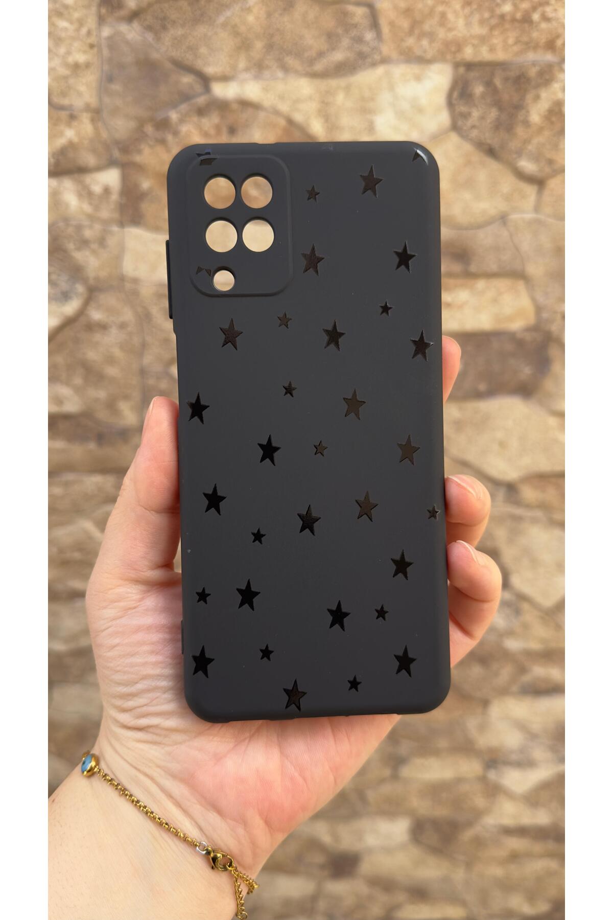 Samsung Galaxy A22 Uyumlu Mini Siyah Yıldız Desenli Silikon Darbe Emici Klasik Korumalı Rubber Kılıf