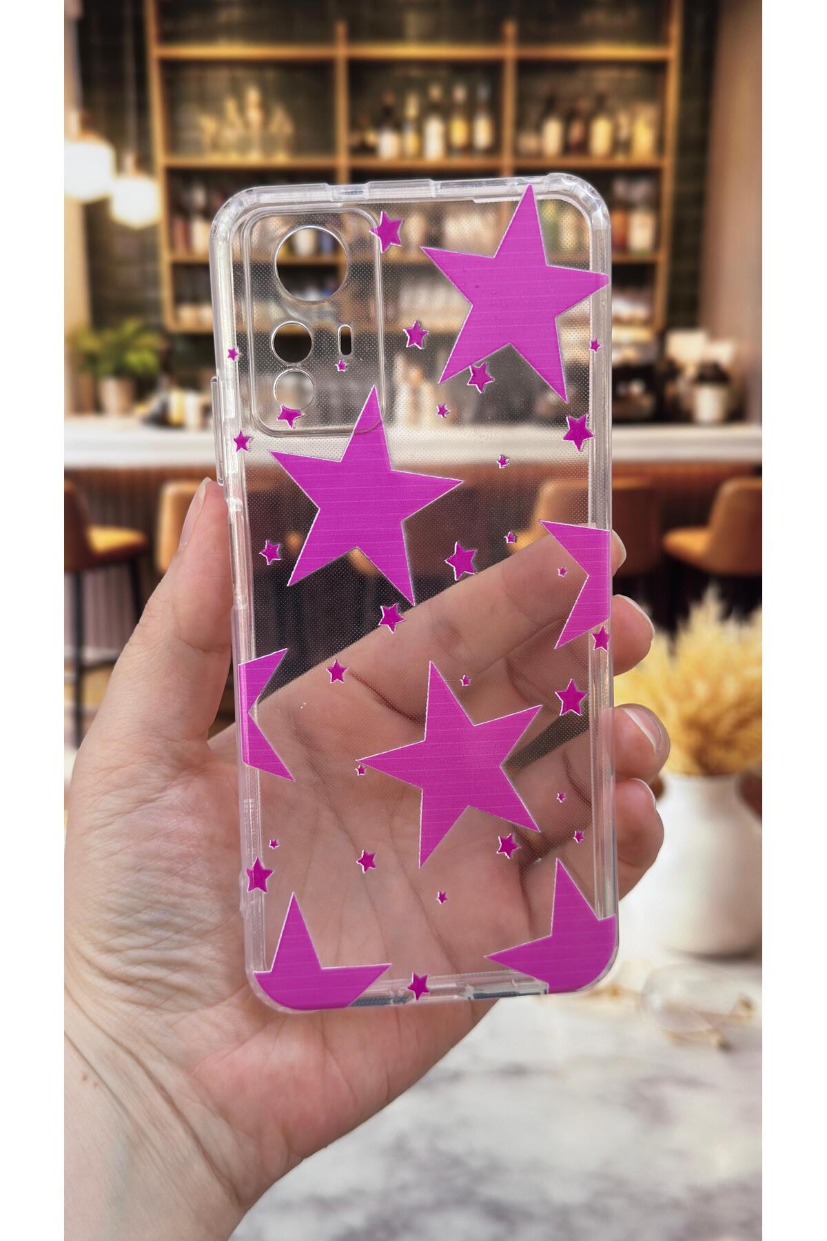 Redmi Note 12S Uyumlu Pembe Yıldız Desenli Şeffaf Darbe Emici Kamera Korumalı Clear Kılıf