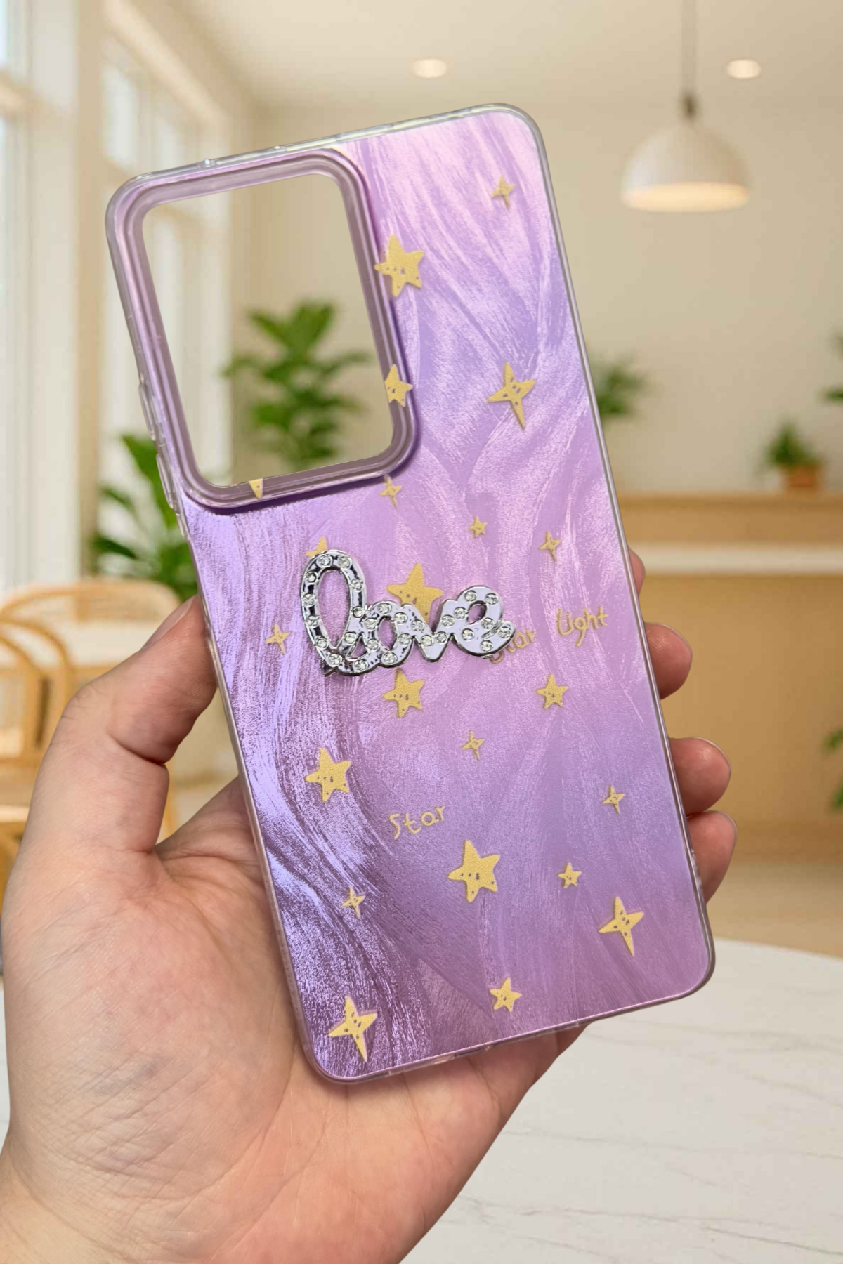 Redmi 13 Parlak Taşlı “Love” Yazılı Yıldız Desenli Telefon Kılıfı – Pastel Renkli Star Love Kılıf