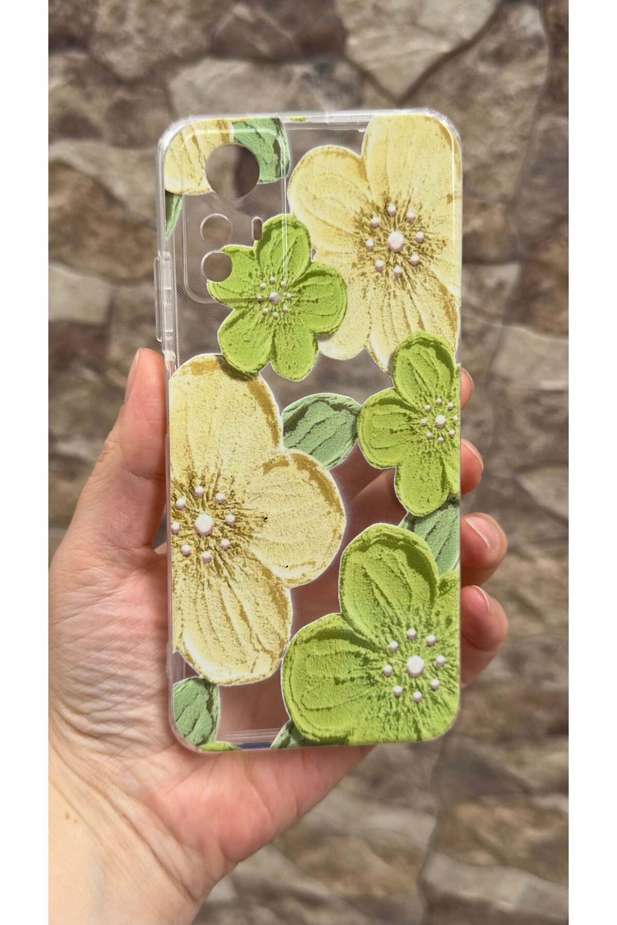 Redmi Note 12S Uyumlu Yeşil Çiçek Desenli Şeffaf Darbe Emici Kamera Korumalı Clear Kılıf