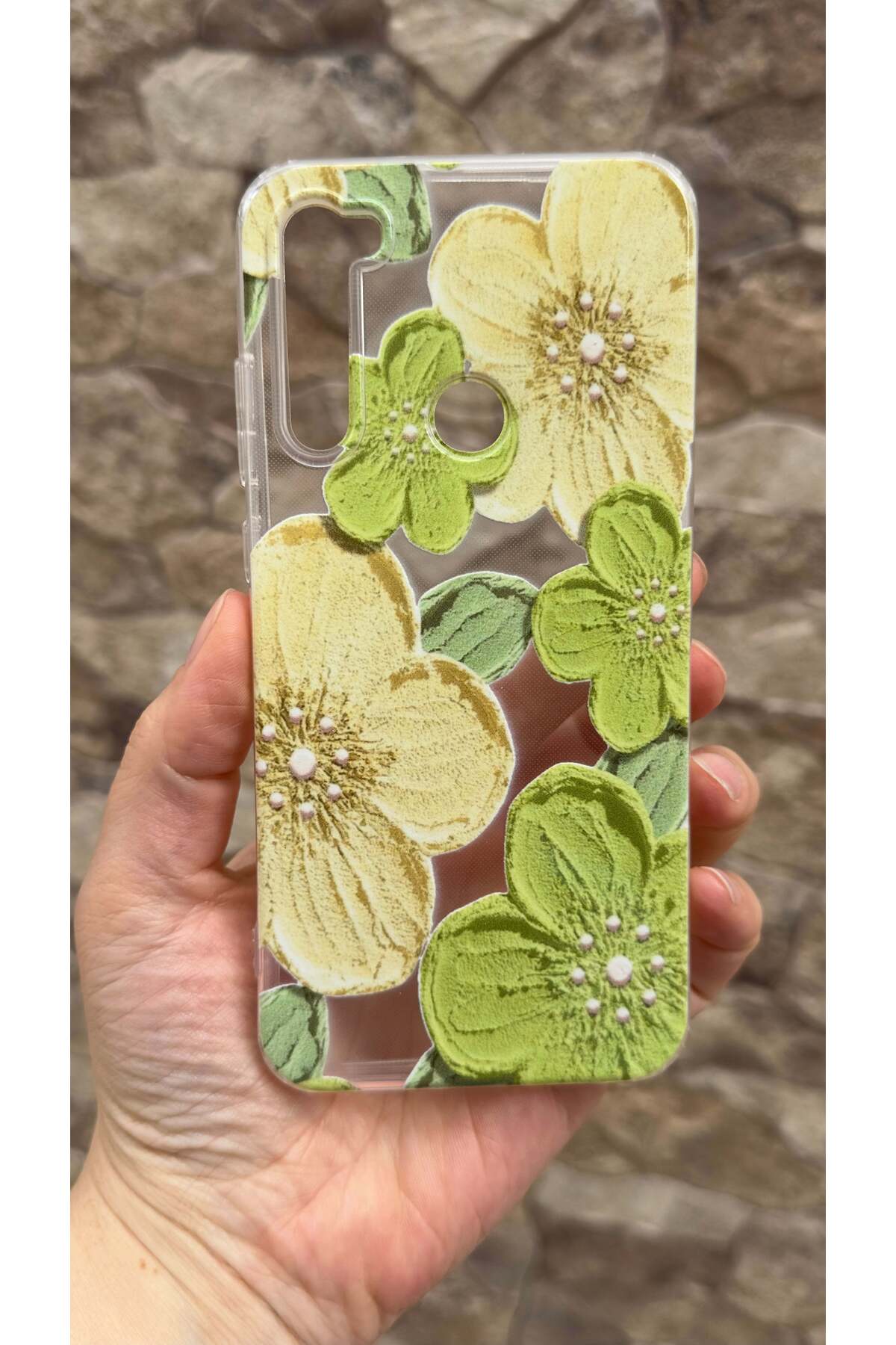 Redmi Note 8 Uyumlu Yeşil Çiçek Desenli Şeffaf Darbe Emici Kamera Korumalı Clear Kılıf