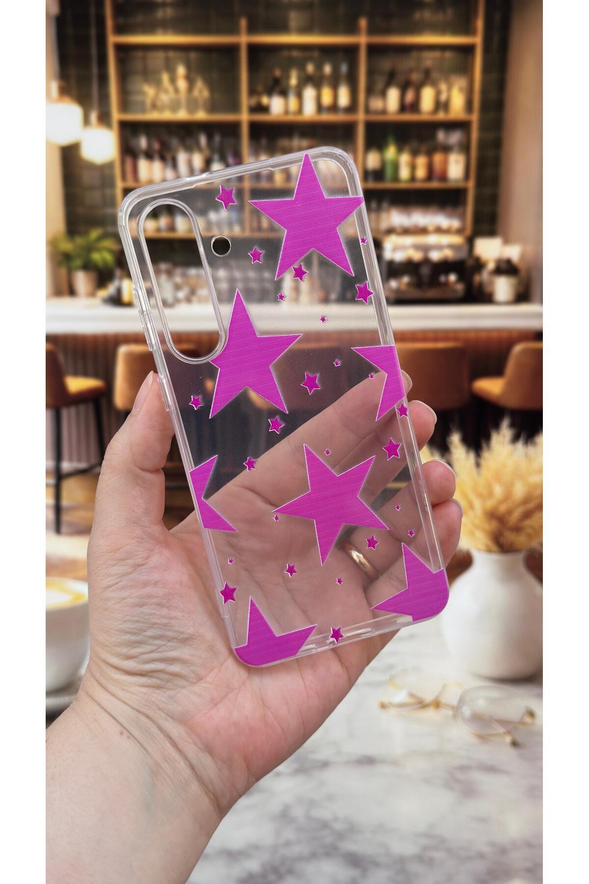 Samsung Galaxy S25 FE Uyumlu Pembe Yıldız Desenli Şeffaf Darbe Emici Kamera Korumalı Clear Kılıf