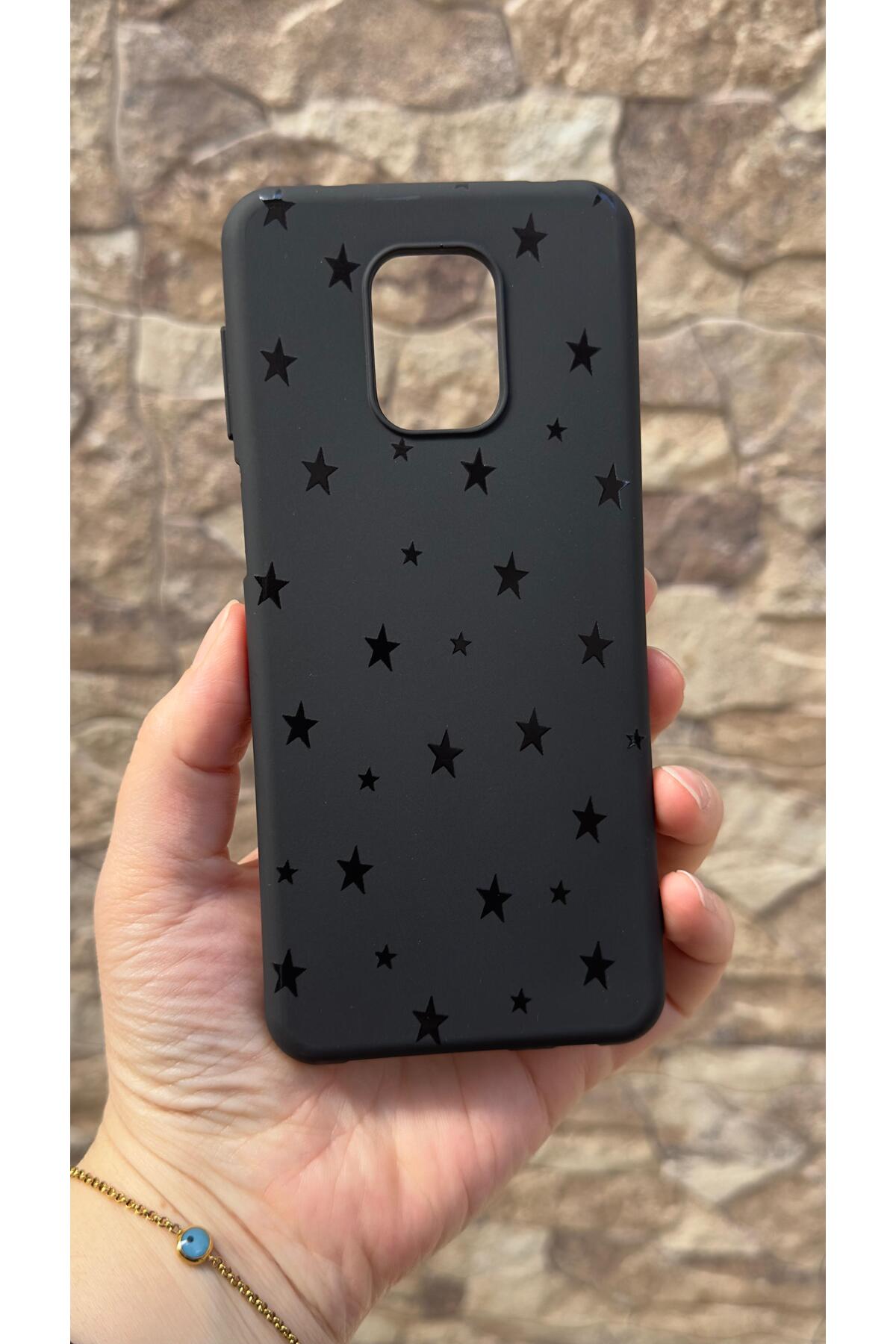 Redmi Note 9 Pro ve 9S Uyumlu Mini Siyah Yıldız Desenli Silikon Darbe Emici Klasik Korumalı Rubber Kılıf