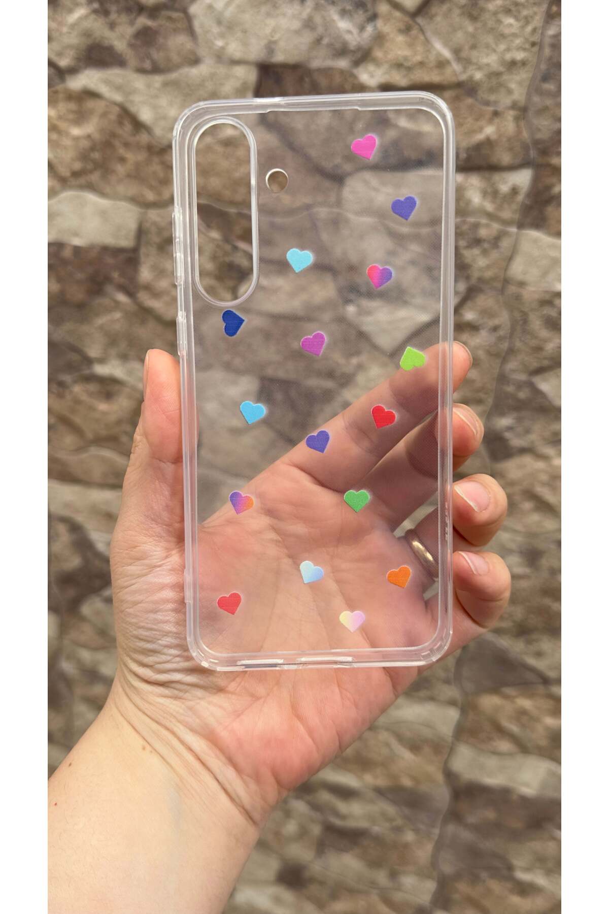 Galaxy S25 FE Uyumlu Renkli Mini Kalp Desenli Şeffaf Darbe Emici Kamera Korumalı Clear Kılıf
