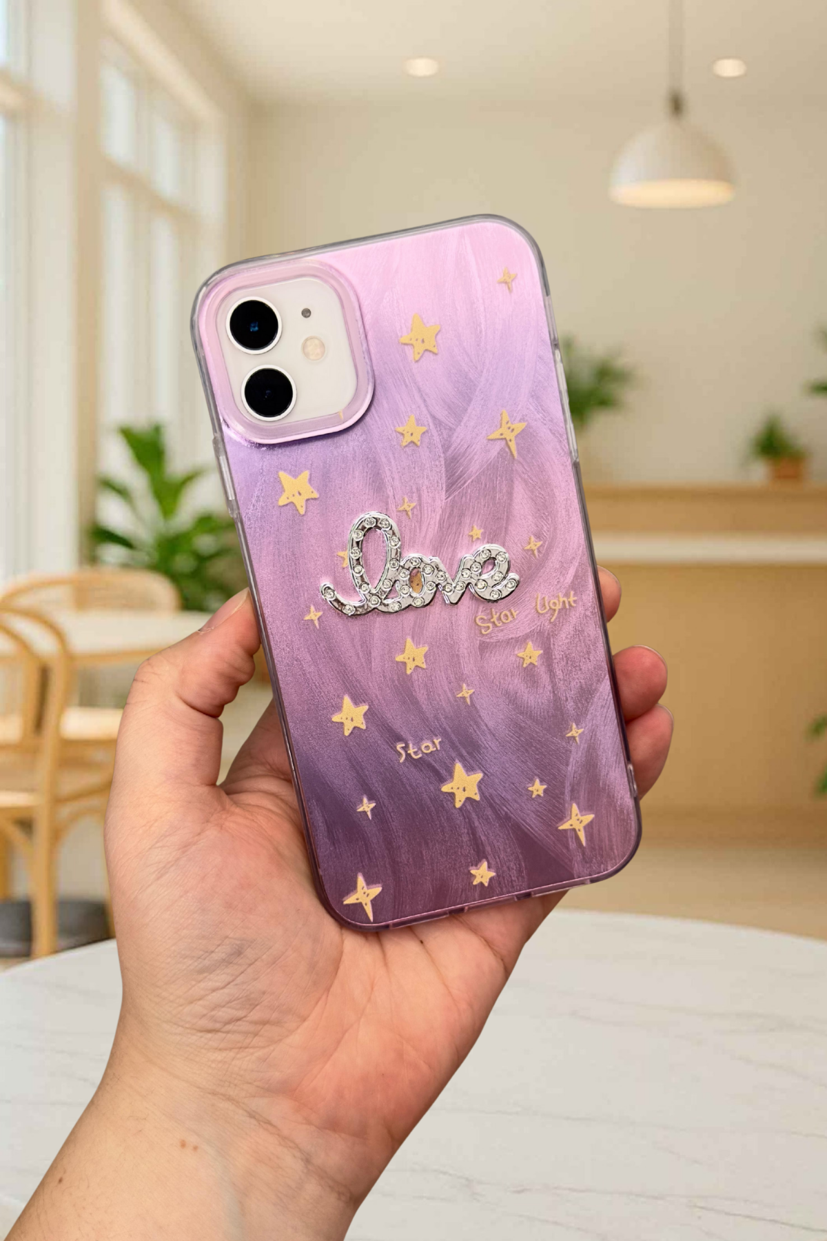 iPhone 12 ve 12 Pro Parlak Taşlı “Love” Yazılı Yıldız Desenli Telefon Kılıfı – Pastel Renkli Star Love Kılıf