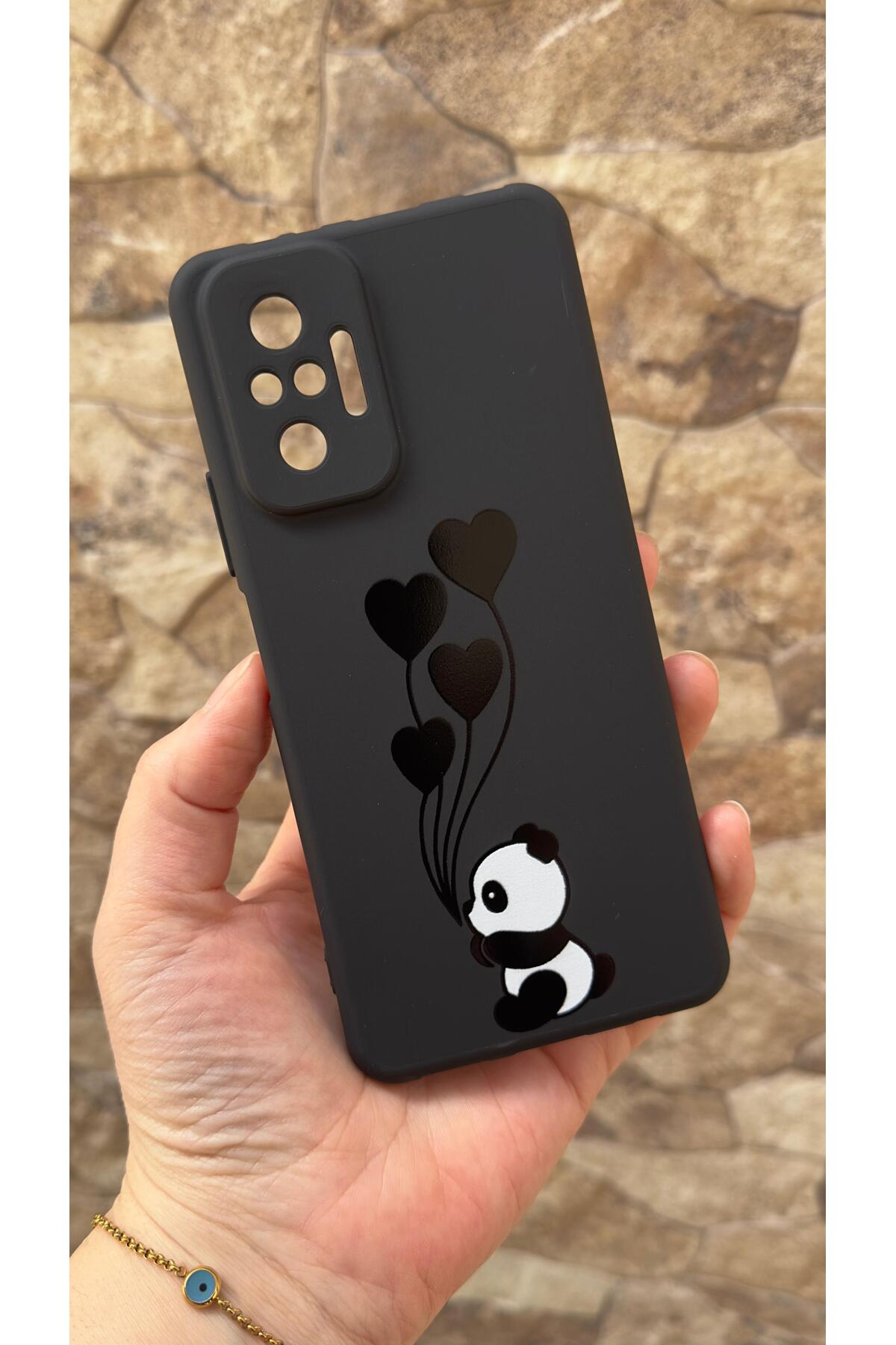 Redmi Note 10 Pro Uyumlu Kalpli Panda Desenli Silikon Darbe Emici Klasik Korumalı Rubber Kılıf