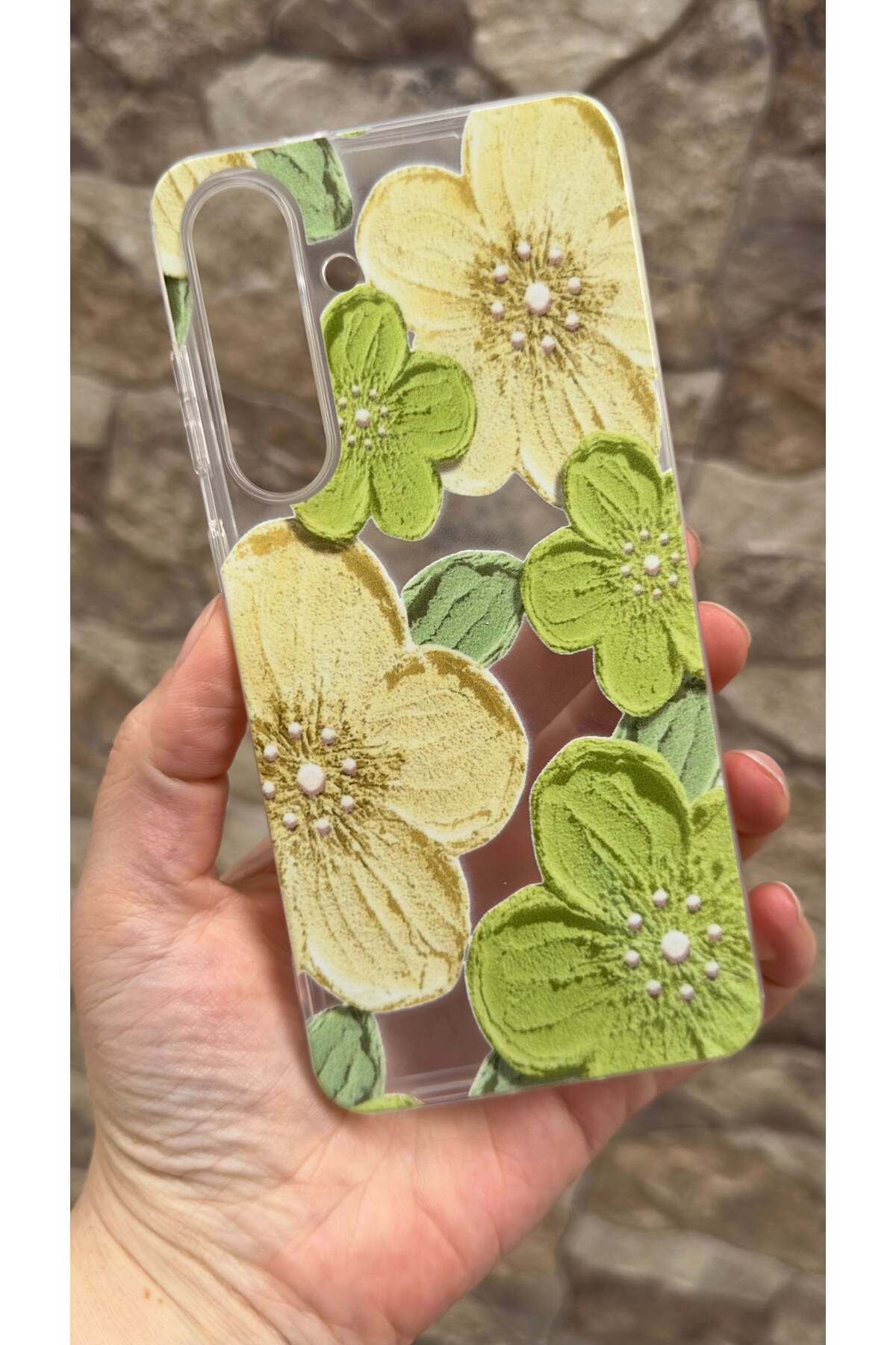 Galaxy S25 FE Uyumlu Yeşil Çiçek Desenli Şeffaf Darbe Emici Kamera Korumalı Clear Kılıf