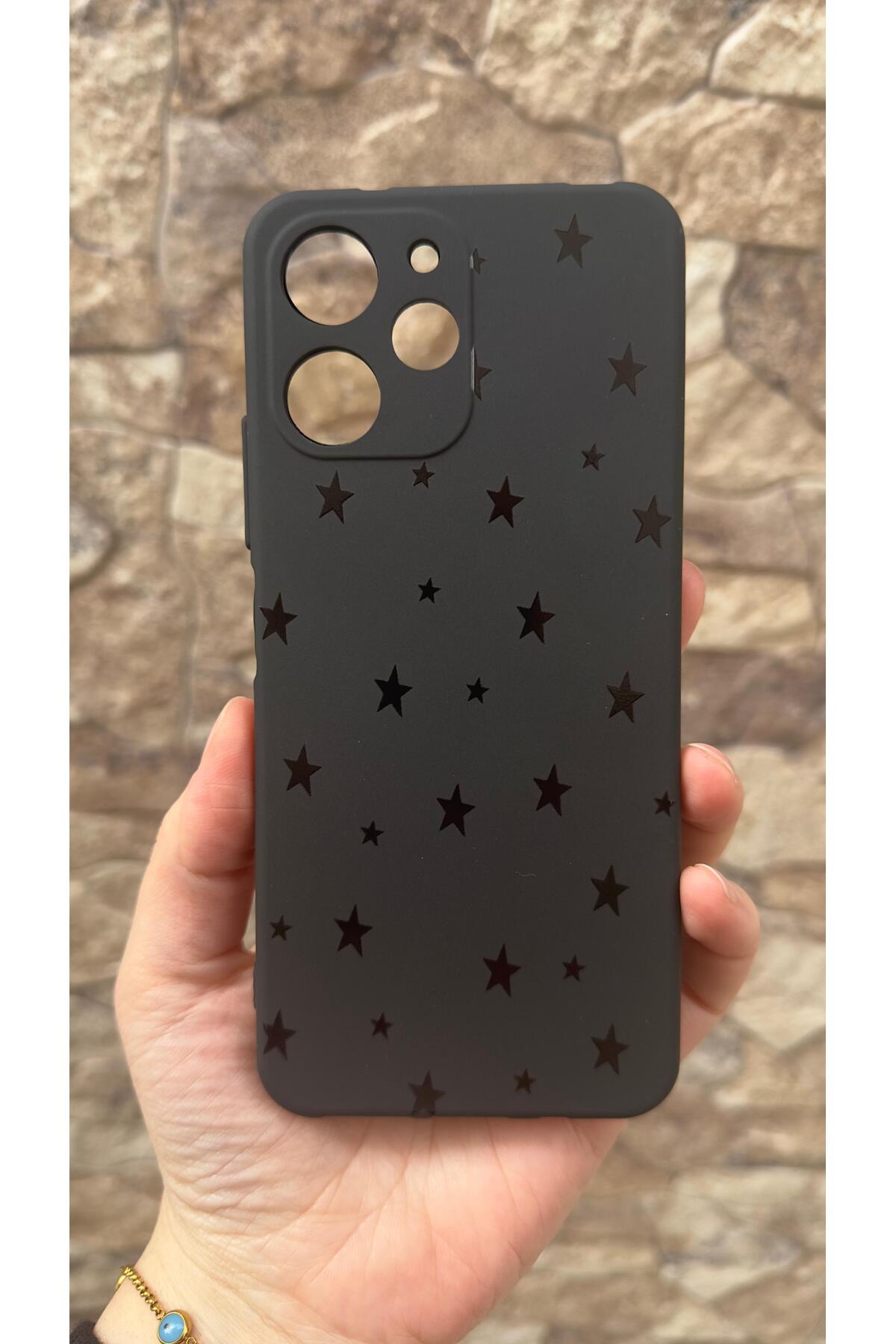 POCO X5 PRO Uyumlu Mini Siyah Yıldız Desenli Silikon Darbe Emici Klasik Korumalı Rubber Kılıf
