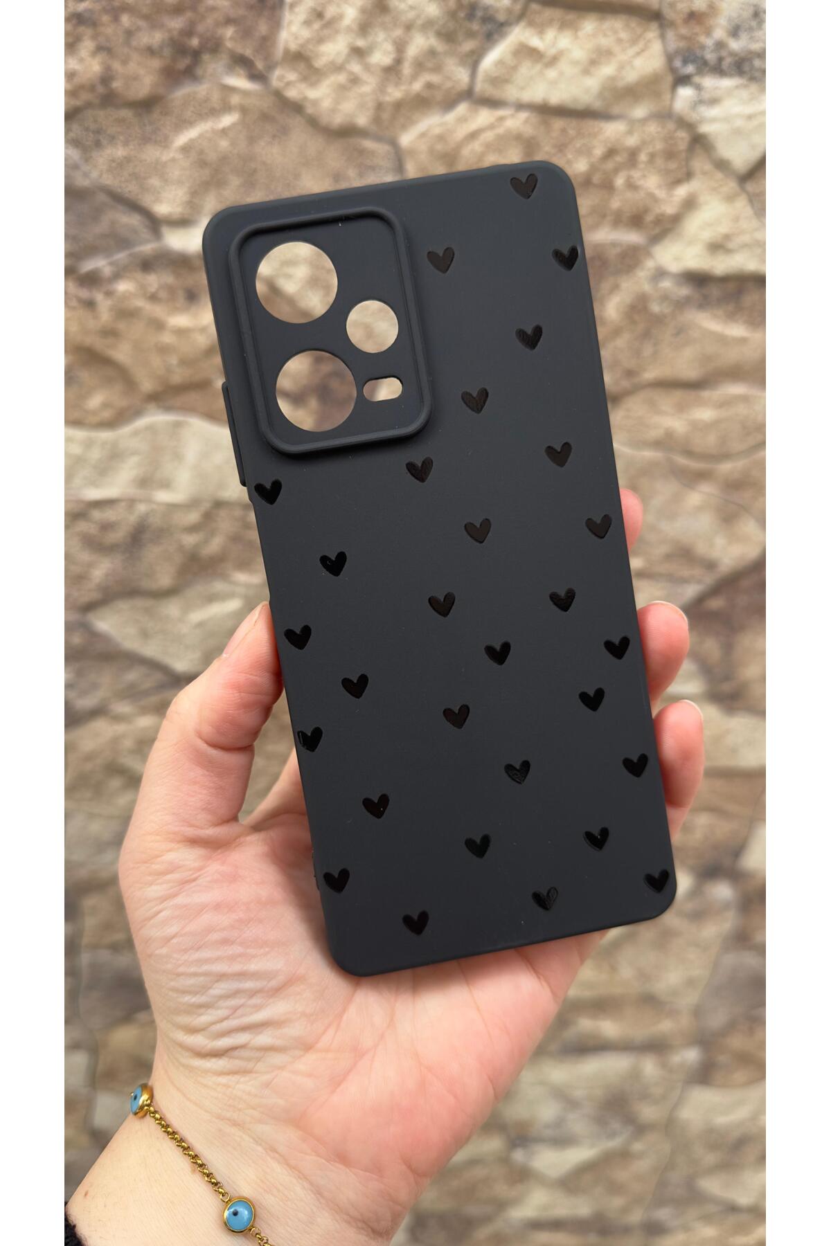 Redmi Note 12 Pro 5G Uyumlu Mini Siyah Kalp Desenli Silikon Darbe Emici Klasik Korumalı Rubber Kılıf