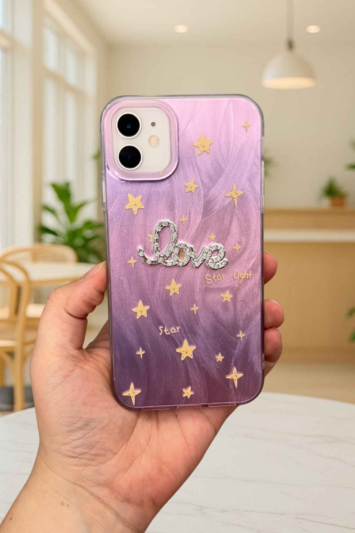 iPhone 12 ve 12 Pro Parlak Taşlı “Love” Yazılı Yıldız Desenli Telefon Kılıfı – Pastel Renkli Star Love Kılıf
