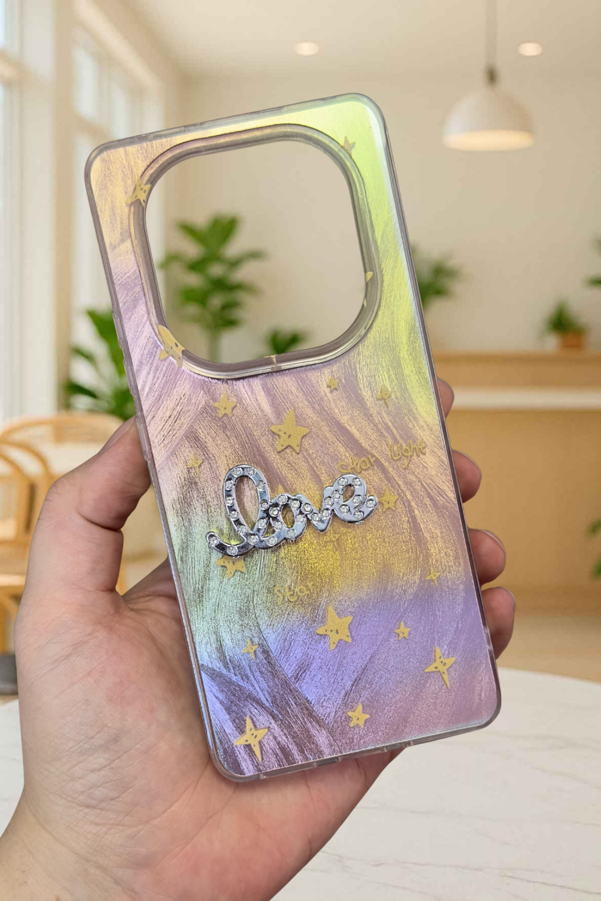 Redmi Note 14 Pro 4G Parlak Taşlı “Love” Yazılı Yıldız Desenli Telefon Kılıfı – Pastel Renkli Star Love Kılıf