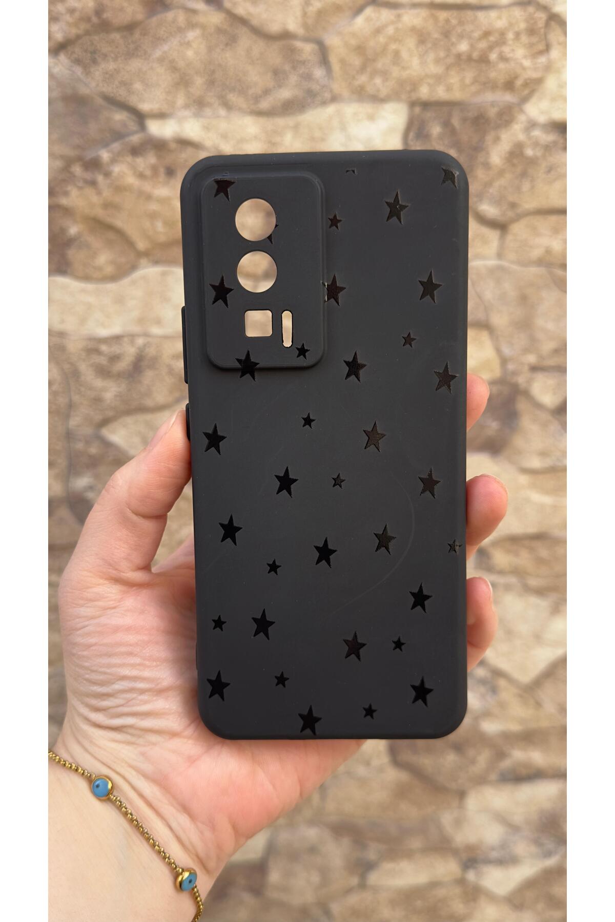Poco F5 Pro Uyumlu Mini Siyah Yıldız Desenli Silikon Darbe Emici Klasik Korumalı Rubber Kılıf