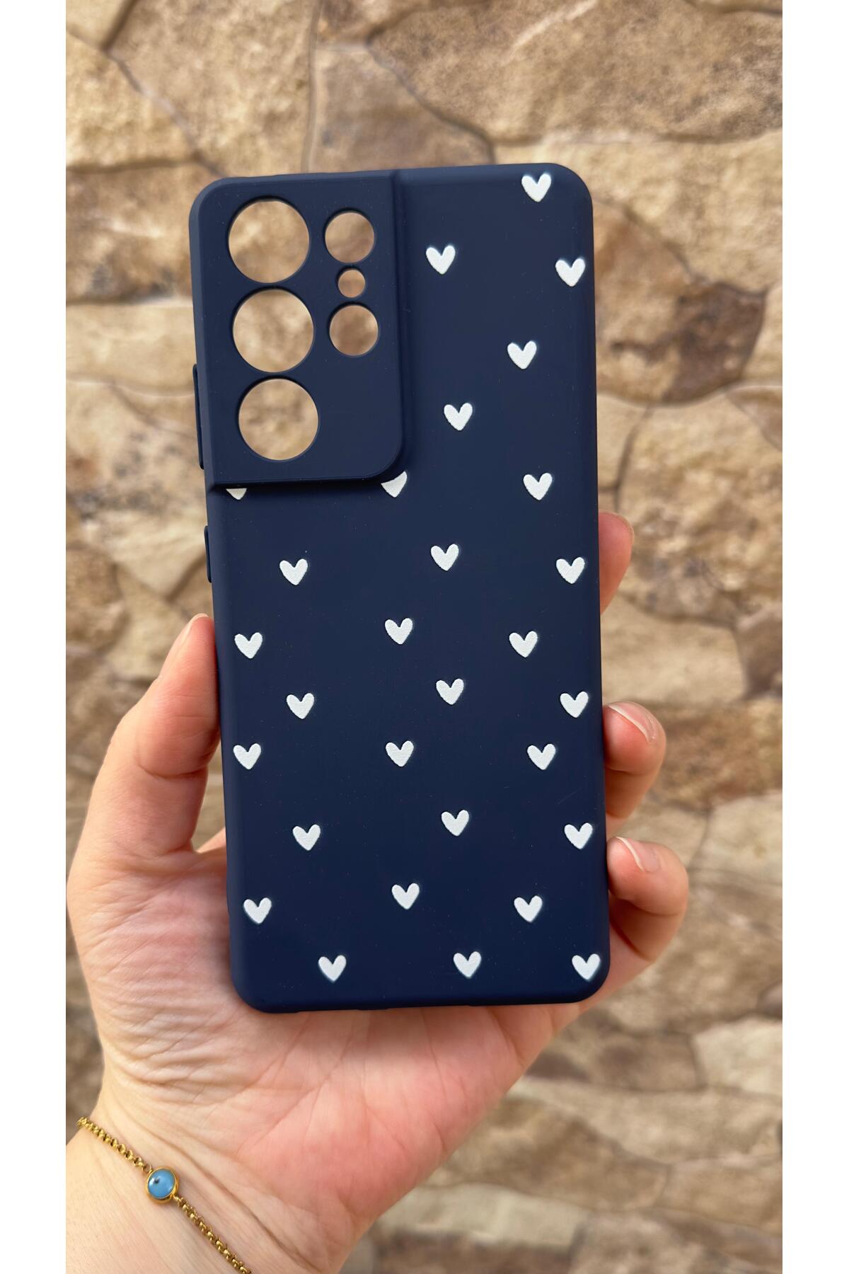 Samsung Galaxy S21 Ultra Uyumlu Mini Beyaz Kalp Desenli Silikon Darbe Emici Klasik Korumalı Kılıf