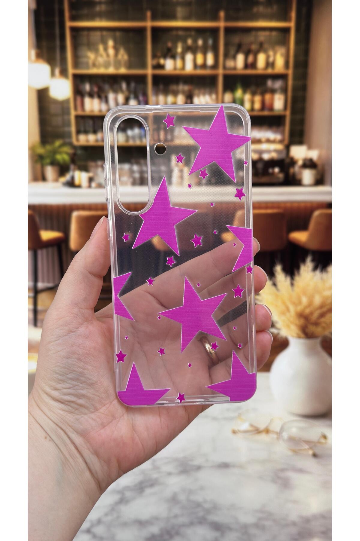 Samsung Galaxy S25 FE Uyumlu Pembe Yıldız Desenli Şeffaf Darbe Emici Kamera Korumalı Clear Kılıf