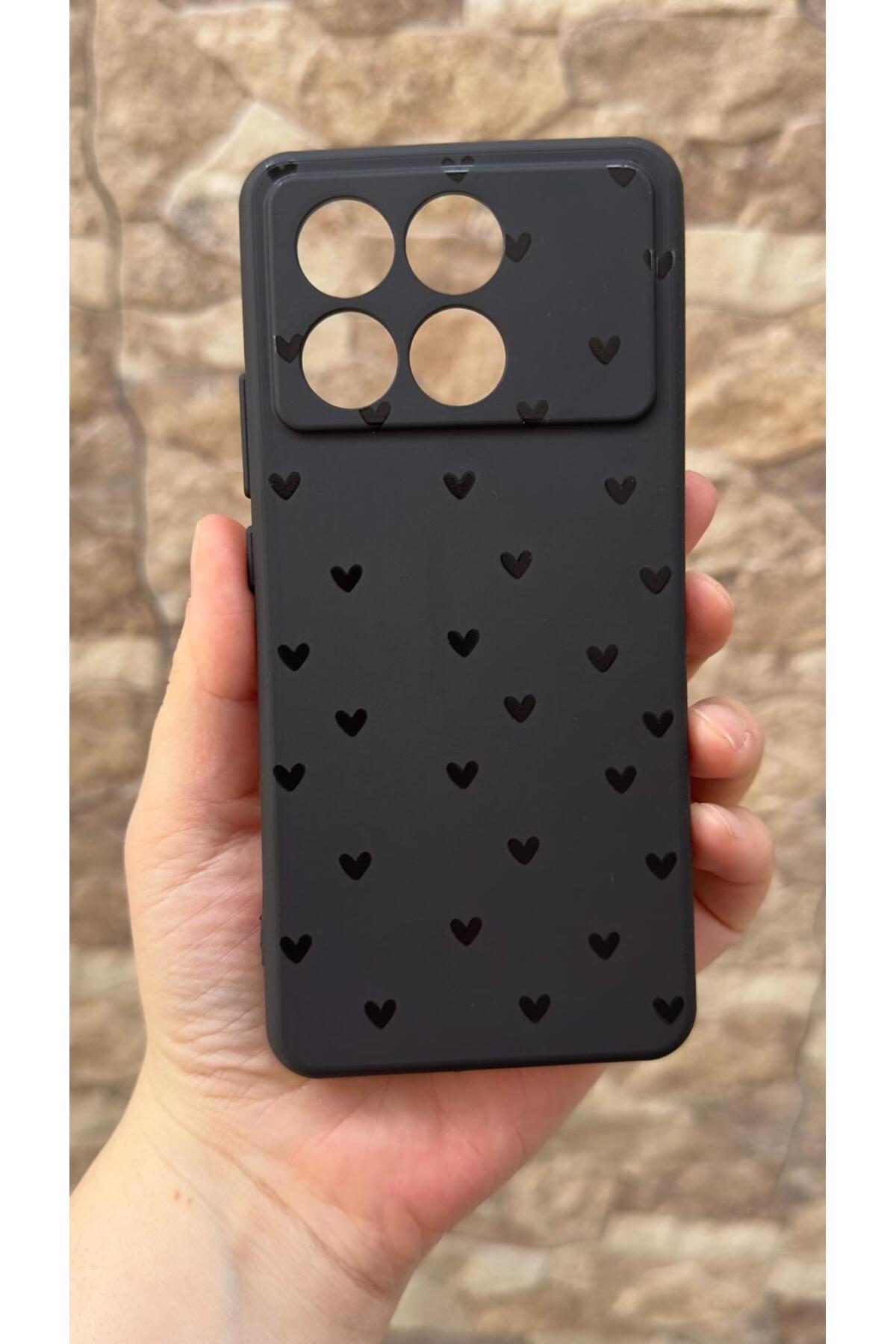 Poco X6 Pro 5G Uyumlu Mini Siyah Kalp Desenli Silikon Darbe Emici Klasik Korumalı Rubber Kılıf