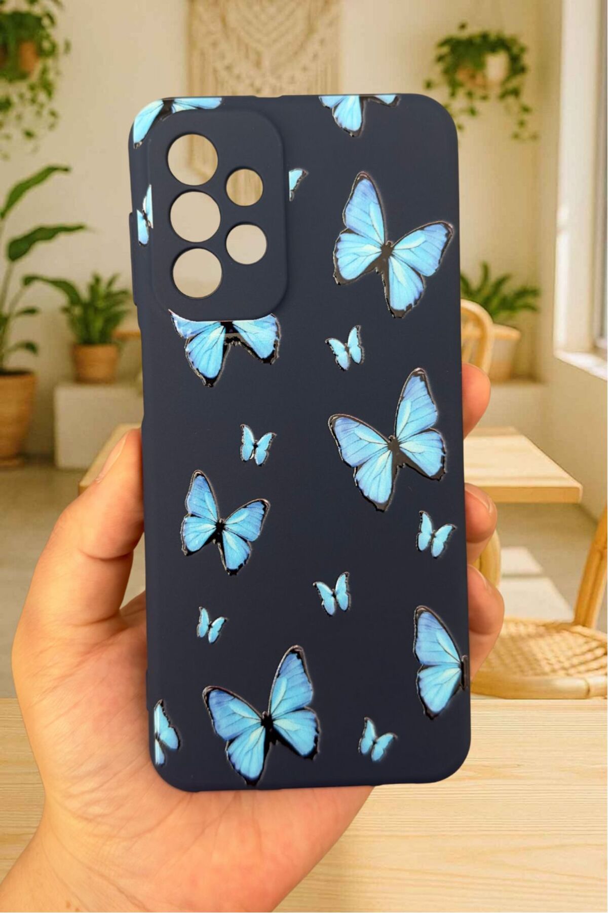 Samsung Galaxy A52 Uyumlu Mavi Kelebek Desenli Silikon Darbe Emici Klasik Korumalı Rubber Kılıf