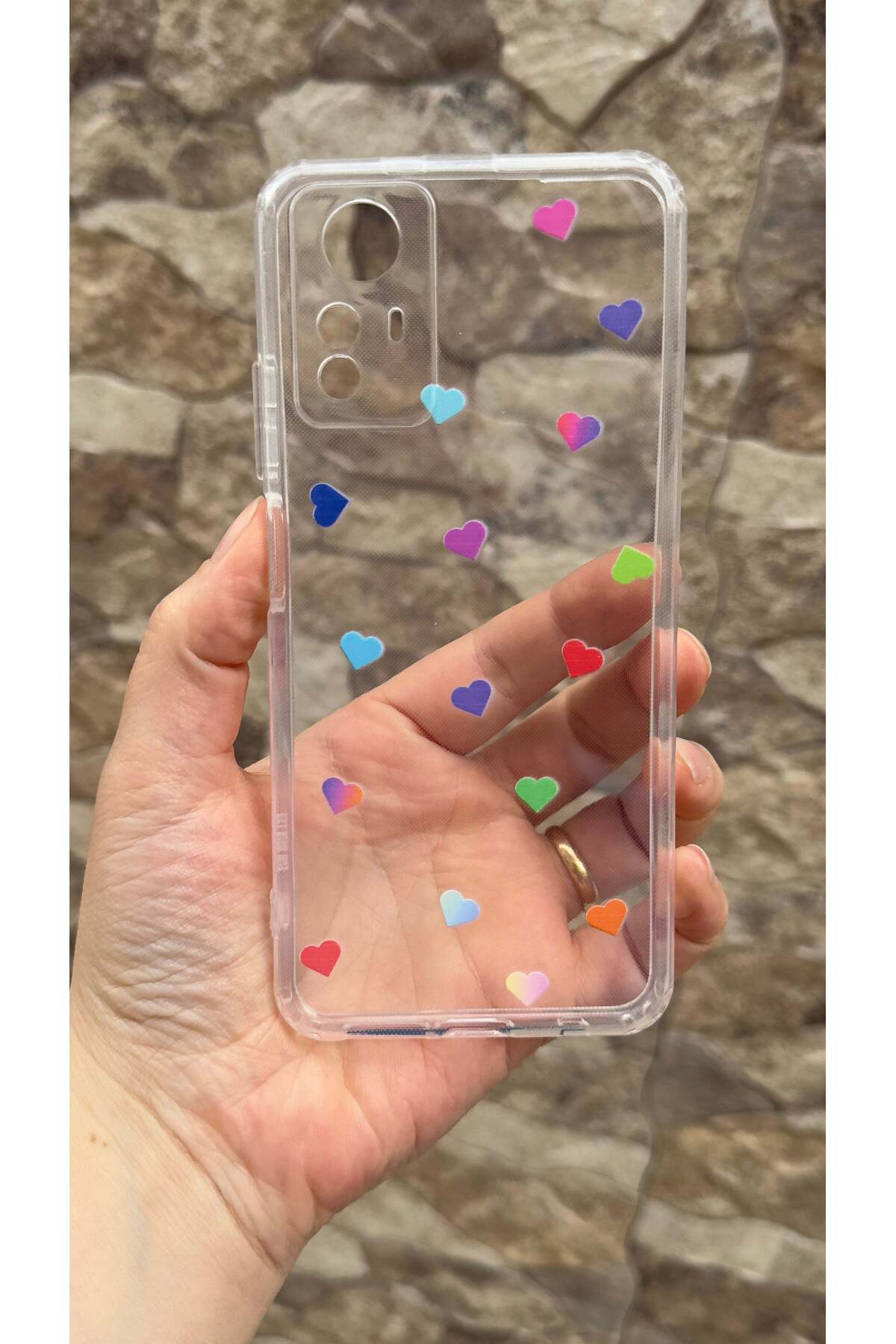 Redmi Note 12S Uyumlu Renkli Mini Kalp Desenli Şeffaf Darbe Emici Kamera Korumalı Clear Kılıf