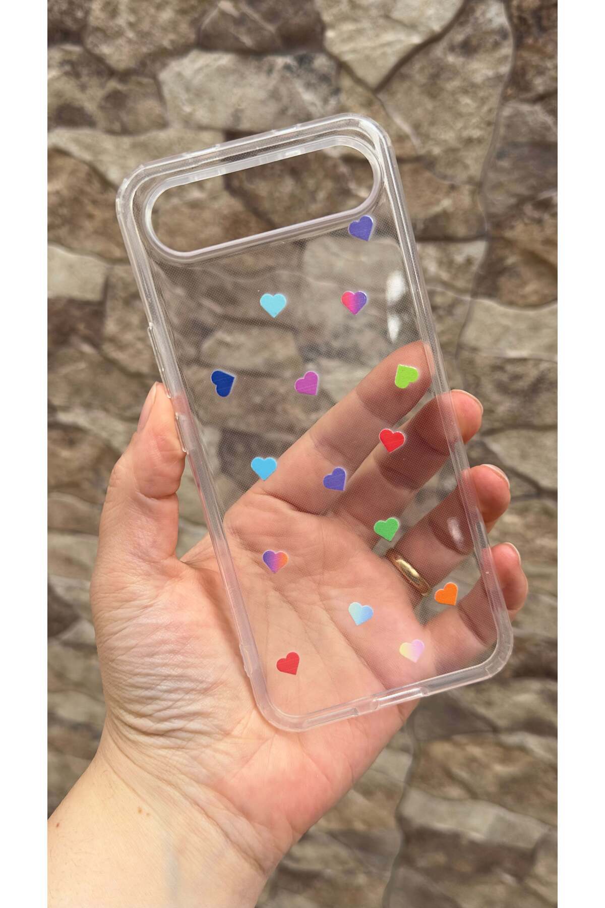 Tecno Spark Slim Uyumlu Renkli Mini Kalp Desenli Şeffaf Darbe Emici Kamera Korumalı Clear Kılıf