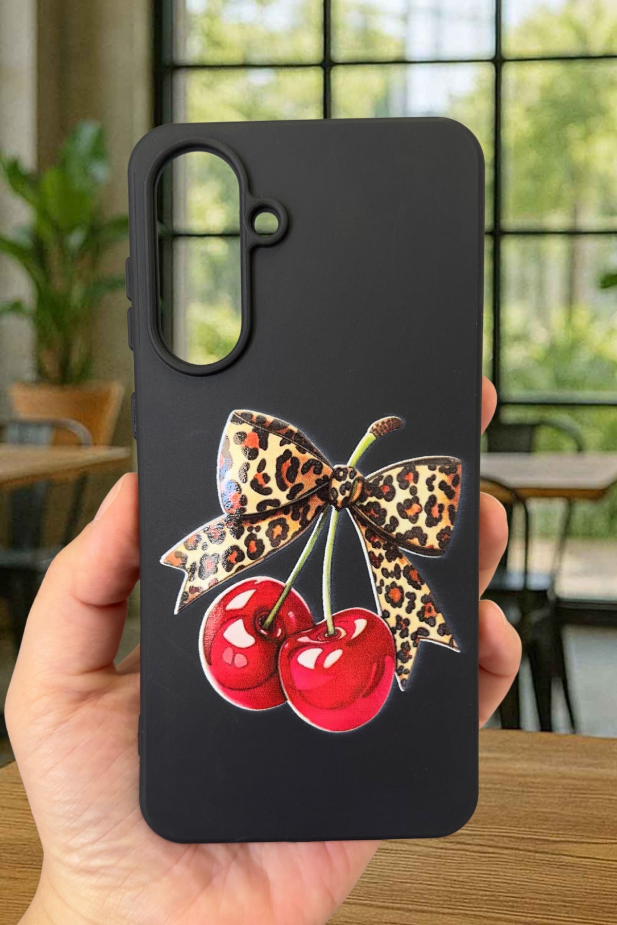 Samsung Galaxy A36 Uyumlu Kiraz Leopar Fiyonk Desenli Silikon Darbe Emici Klasik Rubber Kılıf