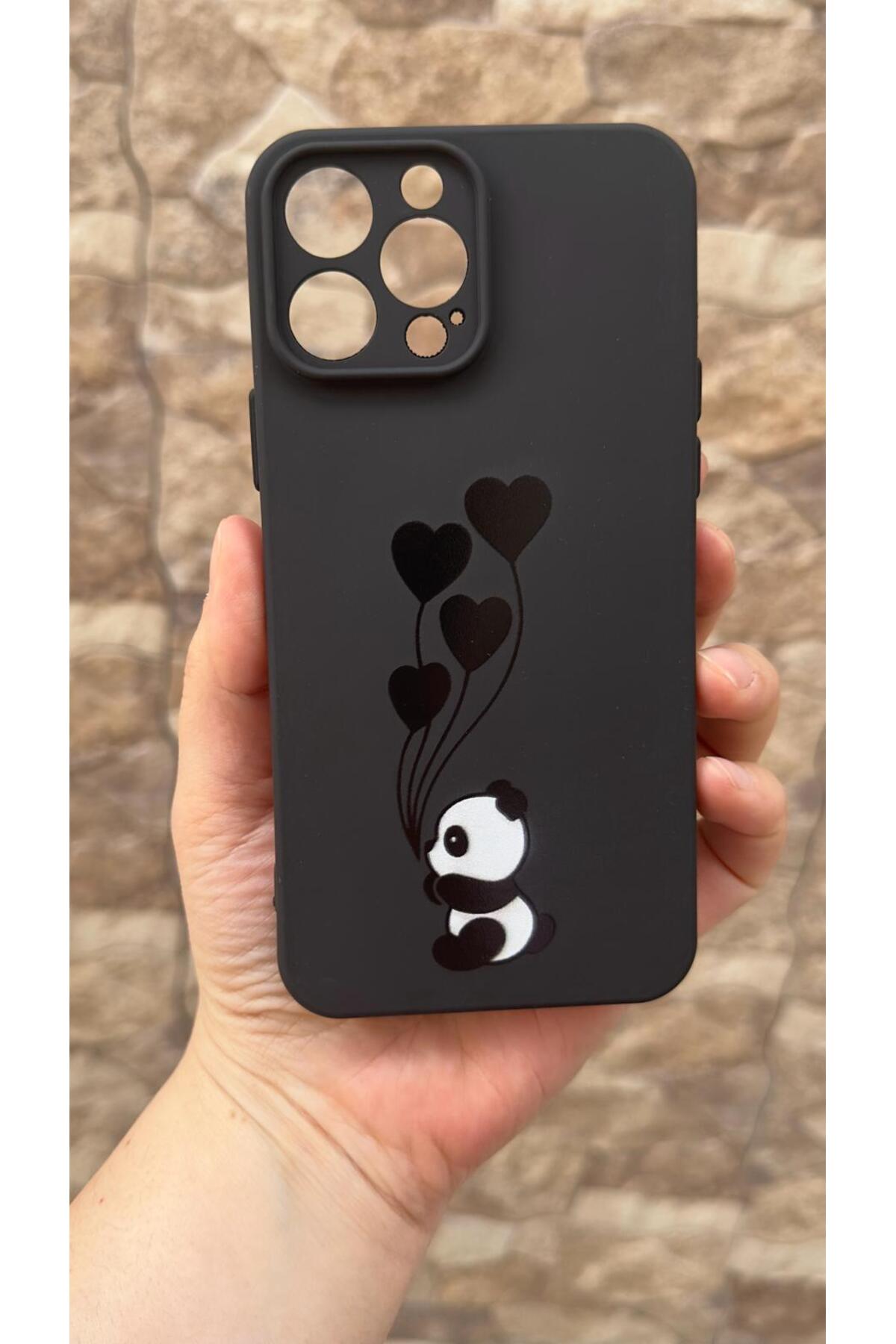 iPhone 13 Pro Max Uyumlu Kalpli Panda Desenli Silikon Darbe Emici Klasik Korumalı Rubber Kılıf