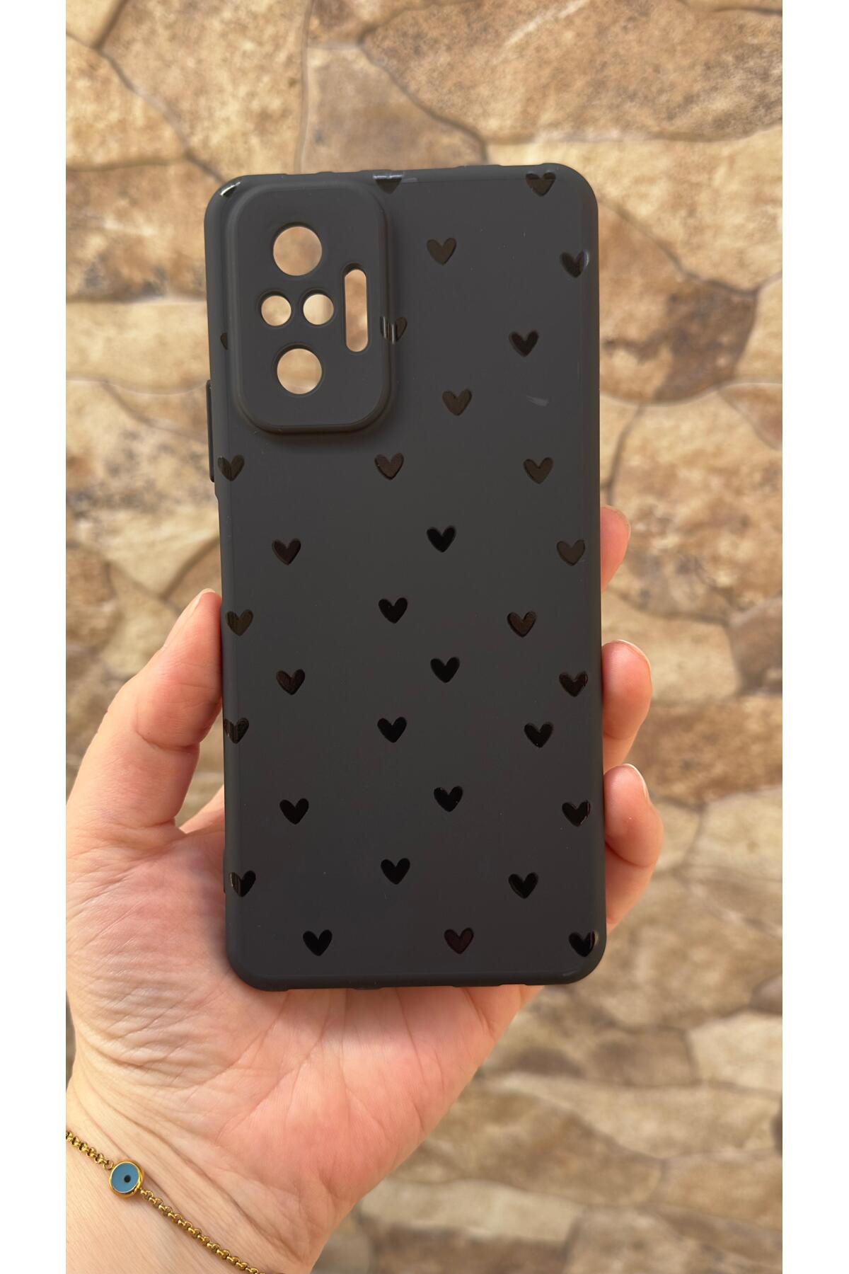 Redmi Note 10 Pro Uyumlu Mini Siyah Kalp Desenli Silikon Darbe Emici Klasik Korumalı Rubber Kılıf