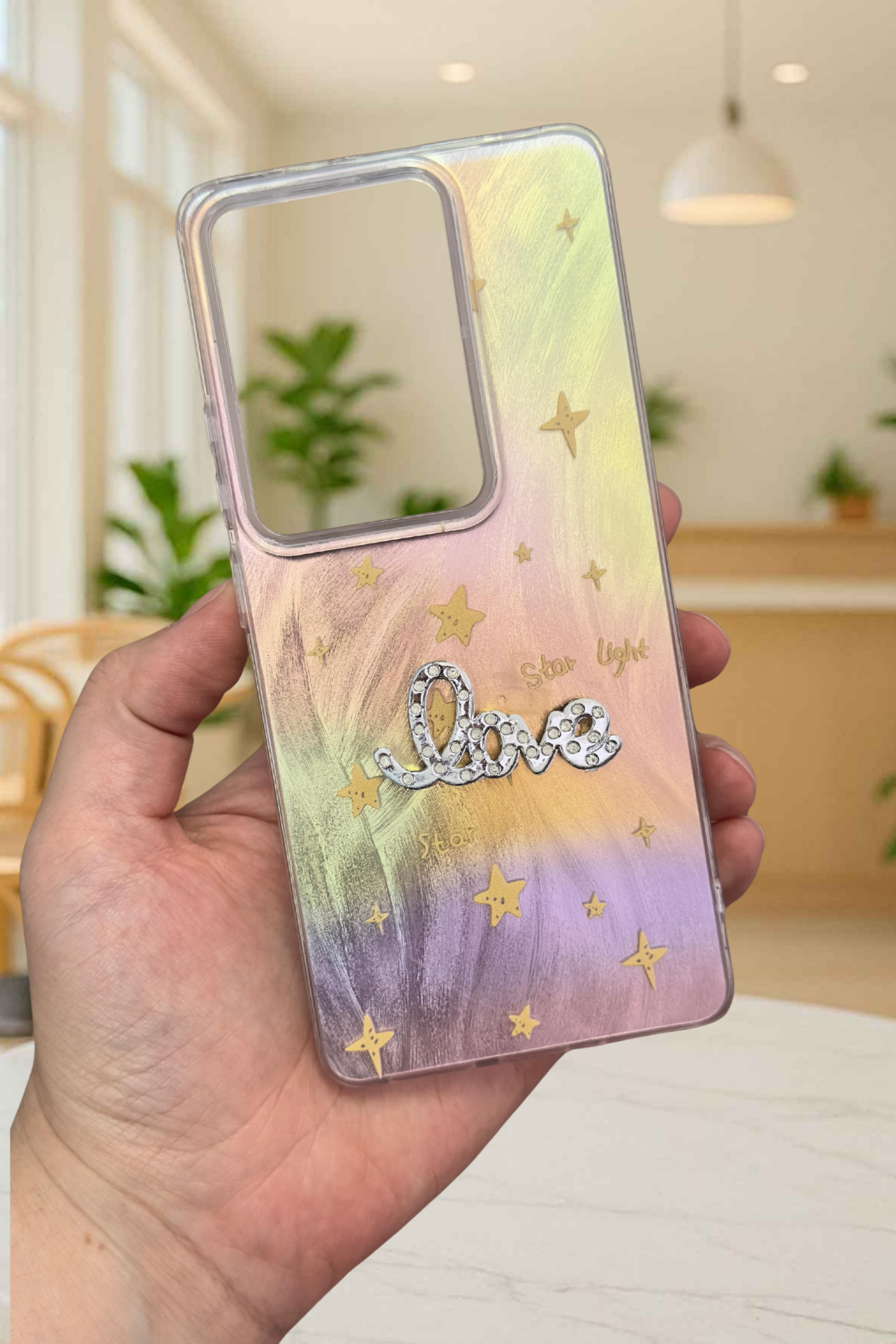 Redmi Note 13 Pro 4G Parlak Taşlı “Love” Yazılı Yıldız Desenli Telefon Kılıfı – Pastel Renkli Star Love Kılıf