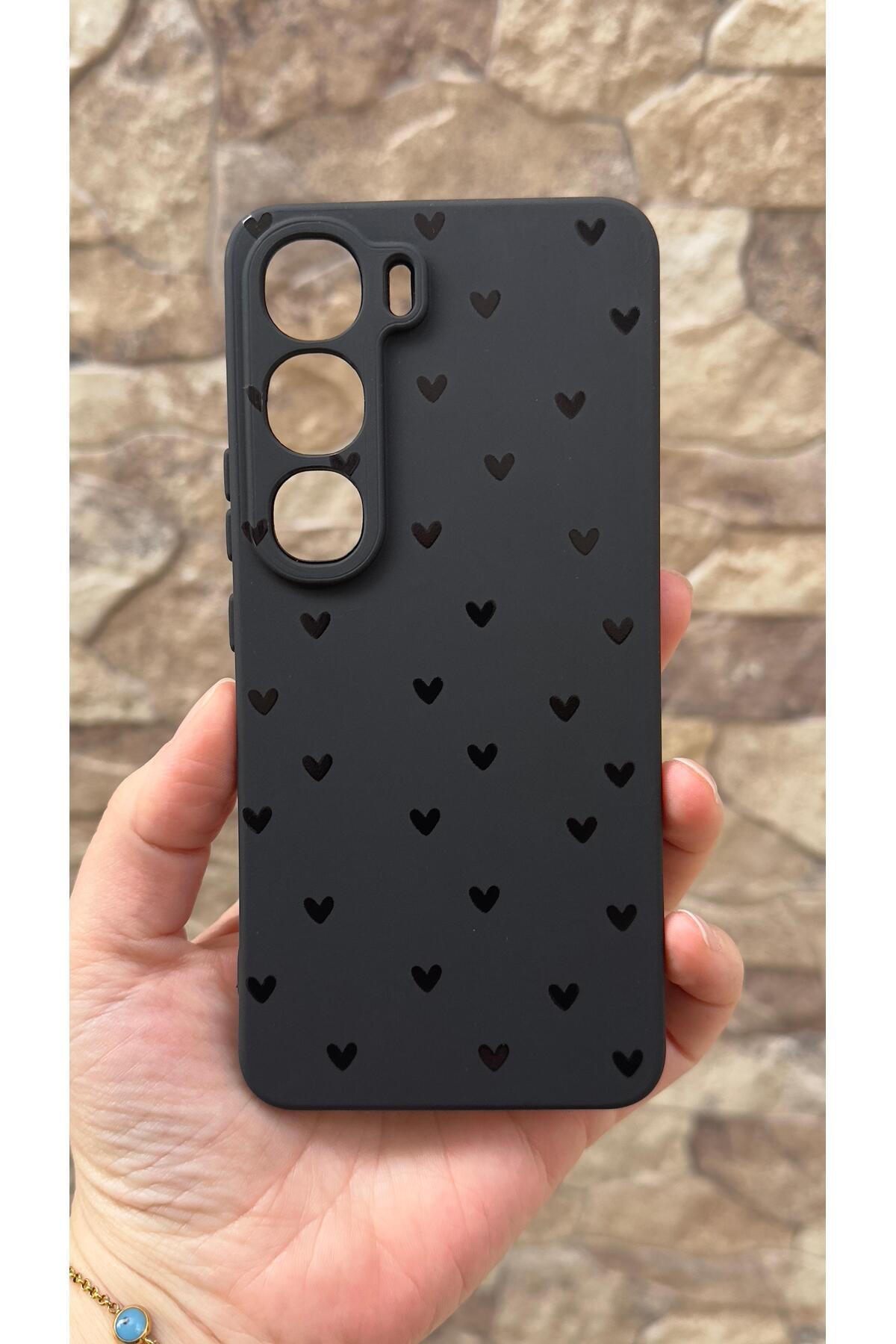 Vivo V40 Lite 5G Uyumlu Mini Siyah Kalp Desenli Silikon Darbe Emici Klasik Korumalı Rubber Kılıf