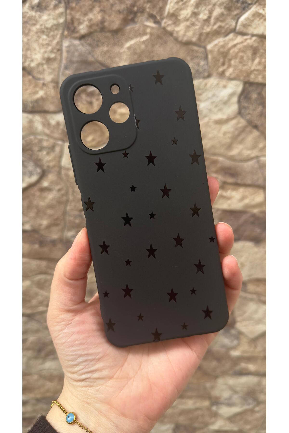 POCO X5 PRO Uyumlu Mini Siyah Yıldız Desenli Silikon Darbe Emici Klasik Korumalı Rubber Kılıf