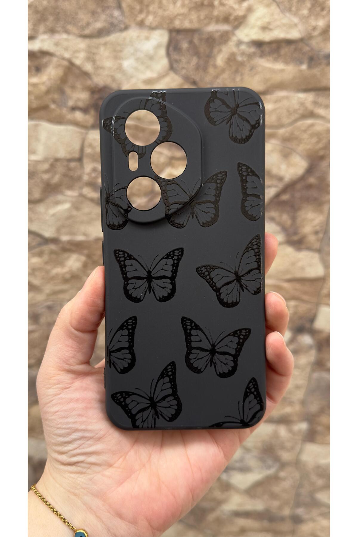 Honor 400 Pro Uyumlu Siyah Kelebek Desenli Silikon Darbe Emici Klasik Korumalı Rubber Kılıf
