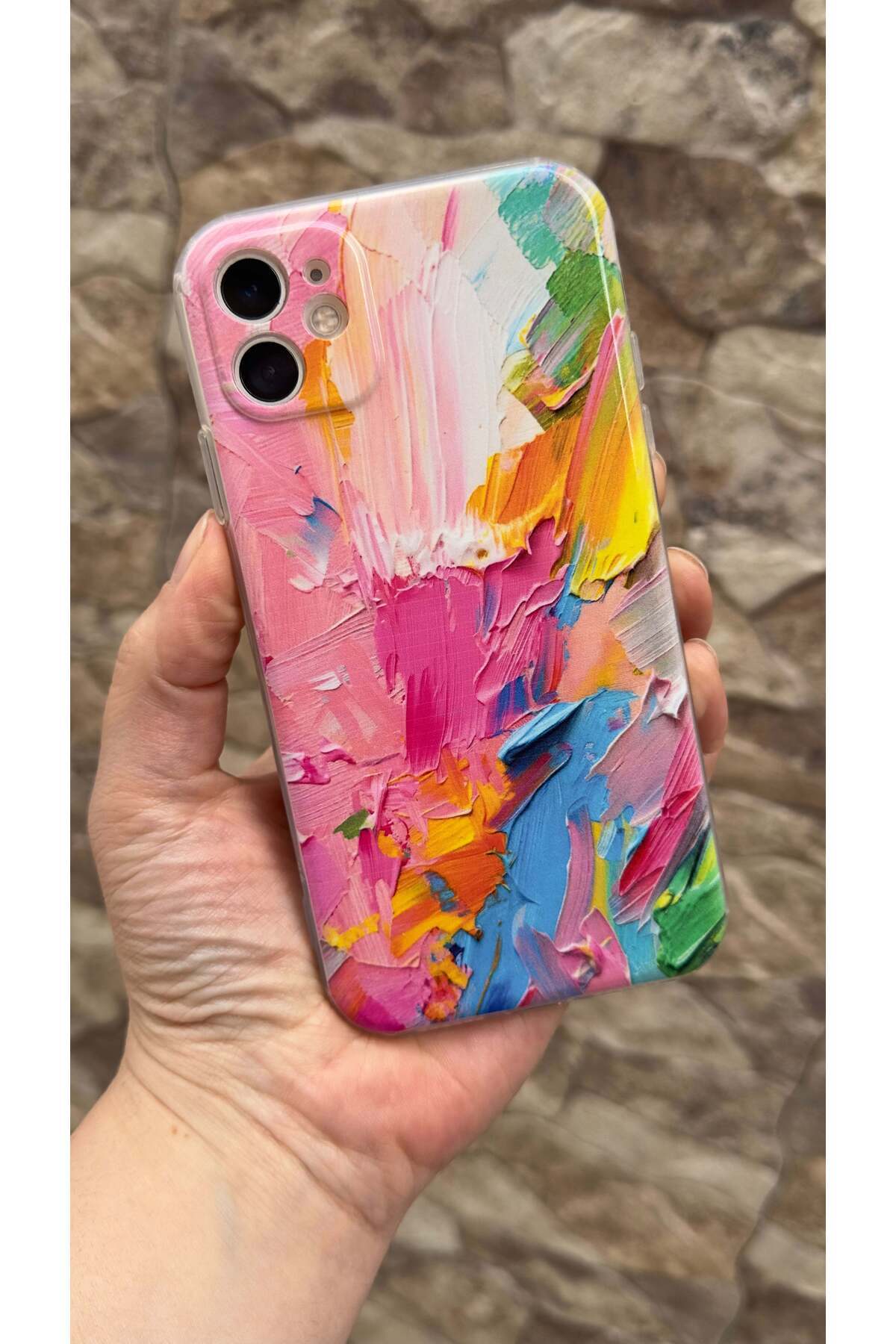 iPhone 11 Uyumlu Renkli Soyut Desenli Şeffaf Darbe Emici Kamera Korumalı Clear Kılıf