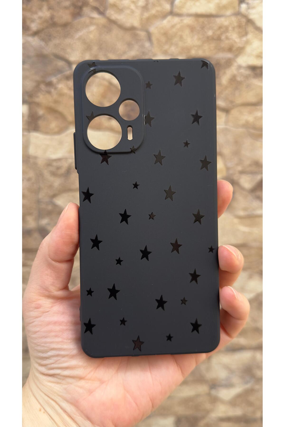Poco F5 Uyumlu Mini Siyah Yıldız Desenli Silikon Darbe Emici Klasik Korumalı Rubber Kılıf