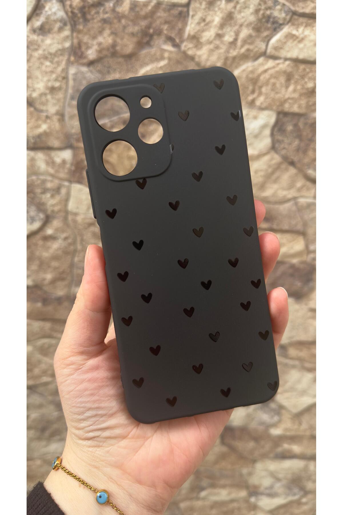 Redmi 12 Uyumlu Mini Siyah Kalp Desenli Silikon Darbe Emici Klasik Korumalı Rubber Kılıf