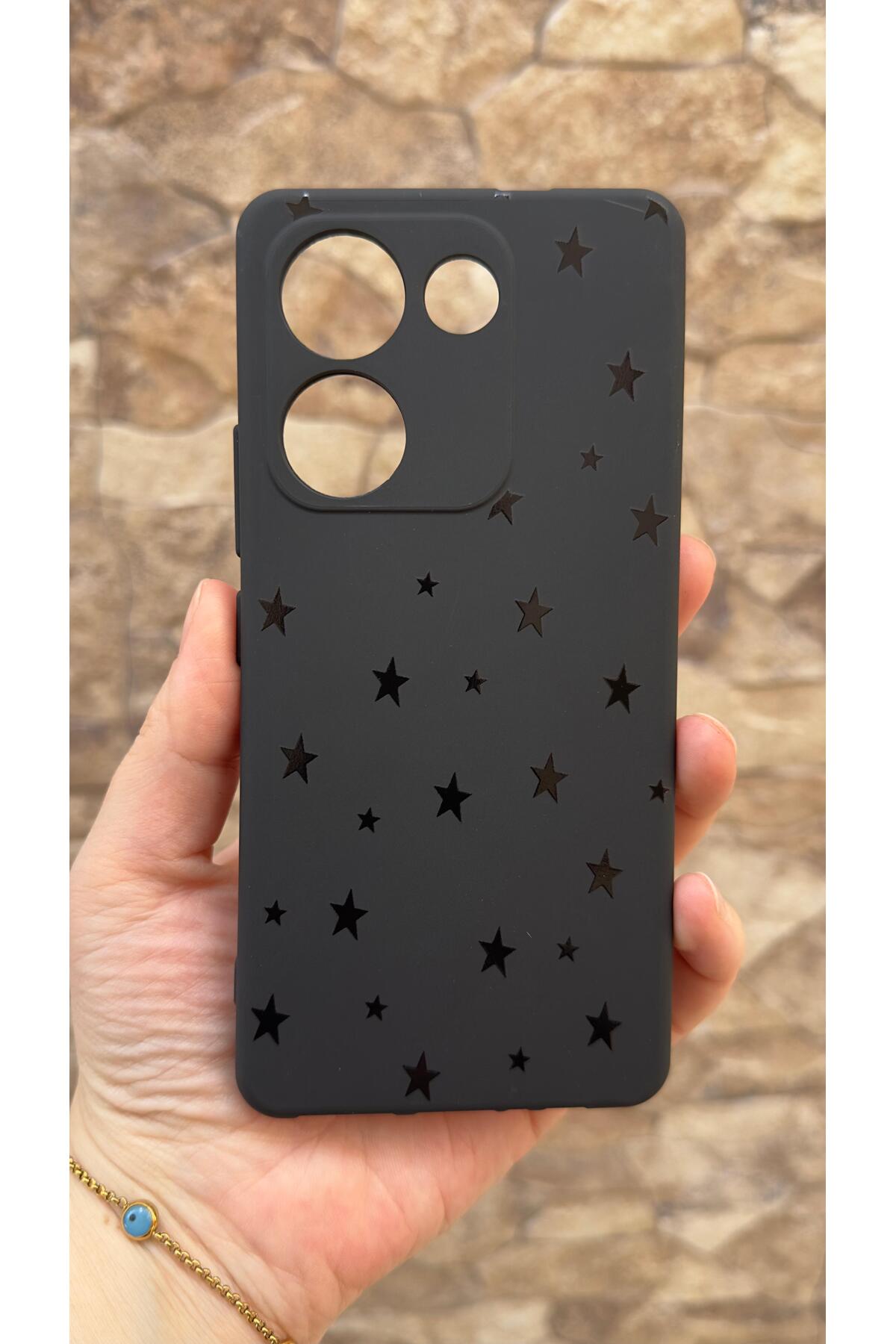 TECNO CAMON 20 PRO Uyumlu Mini Siyah Yıldız Desenli Silikon Darbe Emici Klasik Korumalı Rubber Kılıf