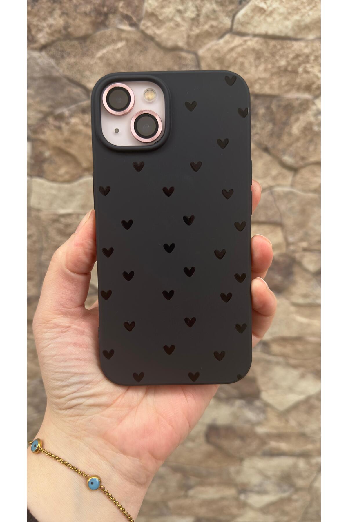 iPhone 13/14 Uyumlu Mini Siyah Kalp Desenli Silikon Darbe Emici Klasik Korumalı Rubber Kılıf