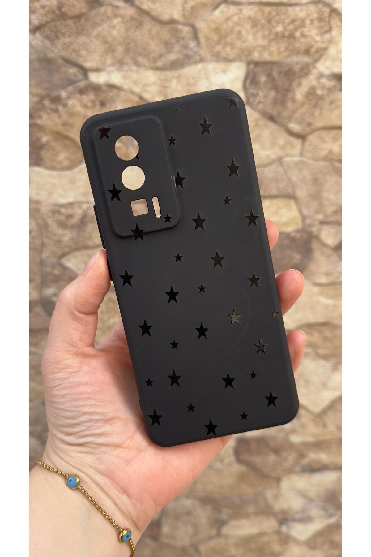 Poco F5 Pro Uyumlu Mini Siyah Yıldız Desenli Silikon Darbe Emici Klasik Korumalı Rubber Kılıf
