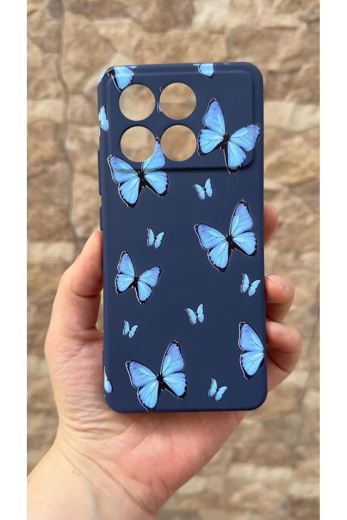 Poco X6 Pro 5G Uyumlu Mavi Kelebek Desenli Silikon Darbe Emici Klasik Korumalı Rubber Kılıf