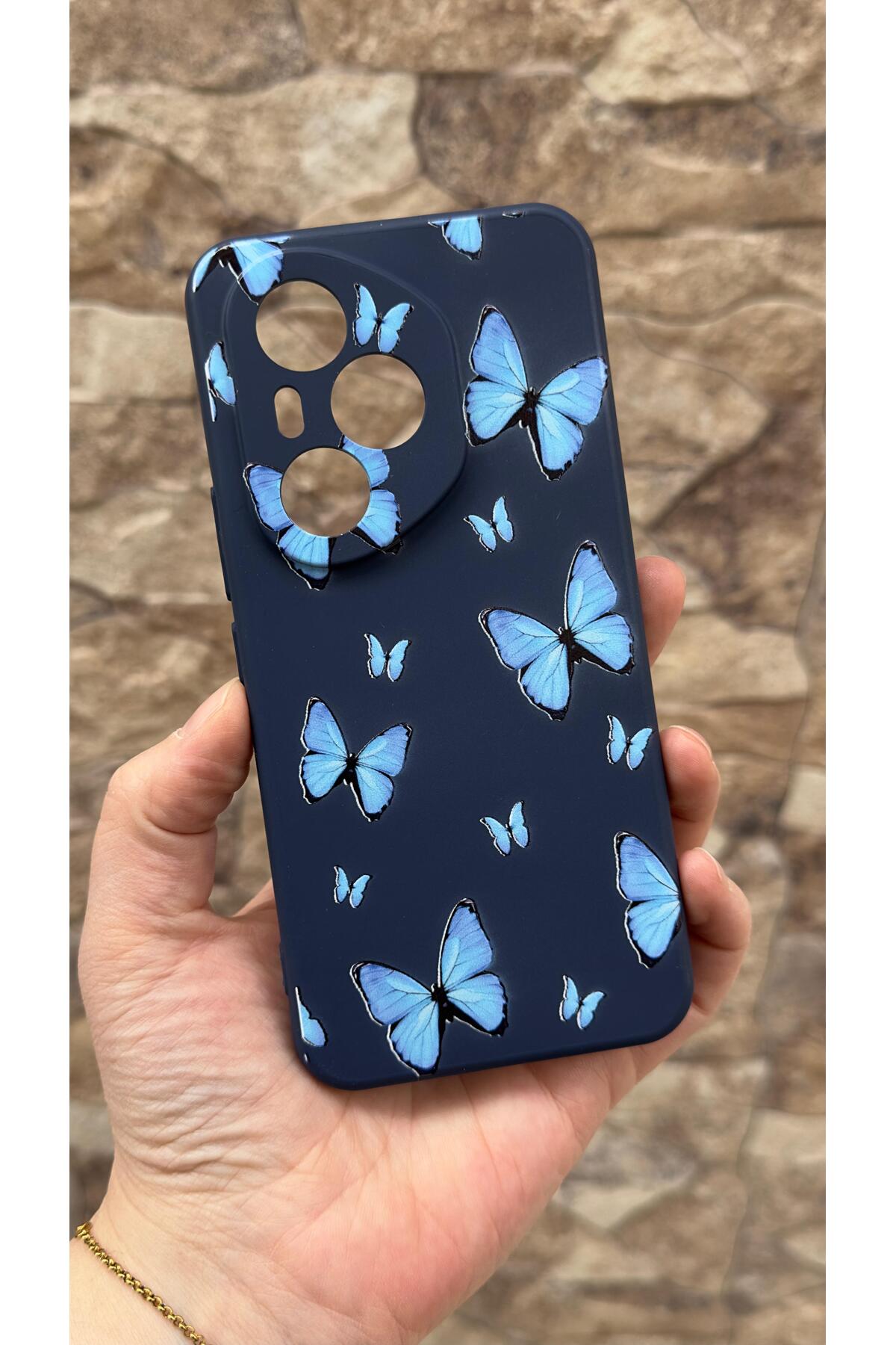 Honor 400 Pro Uyumlu Mavi Kelebek Desenli Silikon Darbe Emici Klasik Korumalı Rubber Kılıf