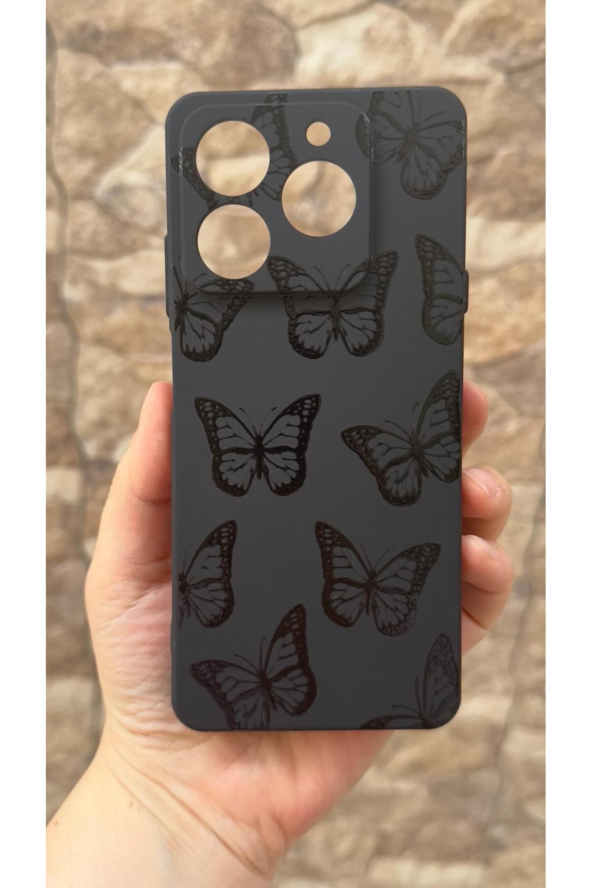 General Mobile Era 50 Uyumlu Siyah Kelebek Desenli Silikon Darbe Emici Klasik Korumalı Rubber Kılıf