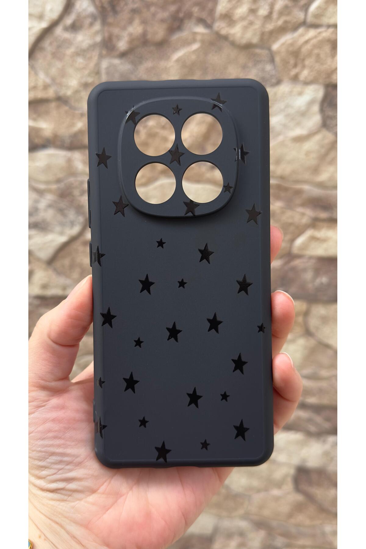 Redmi Note 14 Pro 4G Uyumlu Mini Siyah Yıldız Desenli Silikon Darbe Emici Klasik Korumalı Rubber Kılıf