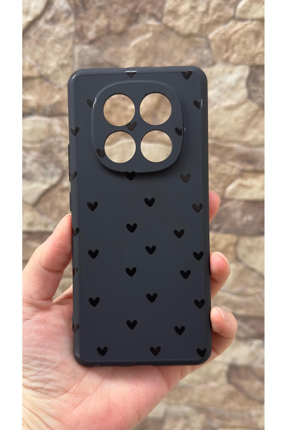 Redmi Note 14 Pro 4G Uyumlu Mini Siyah Kalp Desenli Silikon Darbe Emici Klasik Korumalı Rubber Kılıf