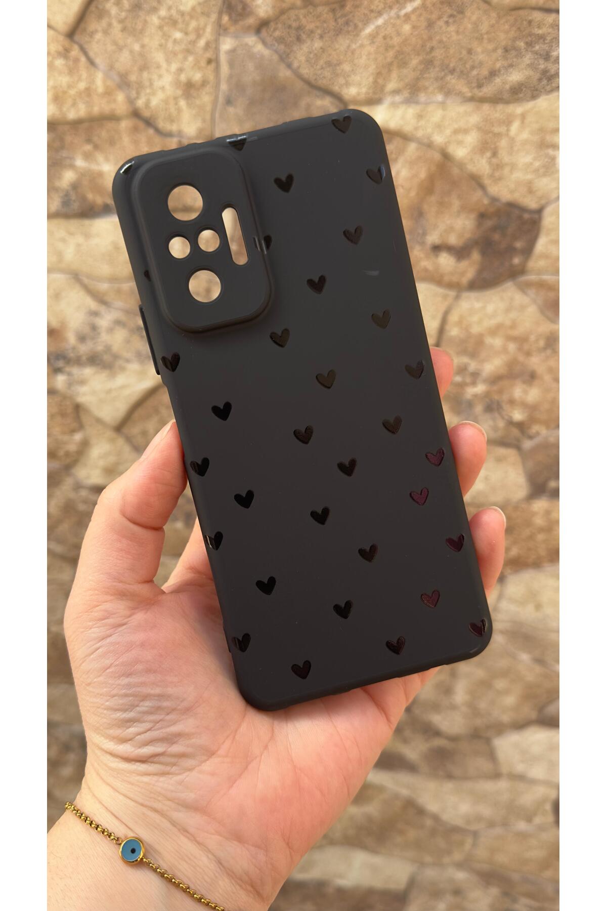 Redmi Note 10 Pro Uyumlu Mini Siyah Kalp Desenli Silikon Darbe Emici Klasik Korumalı Rubber Kılıf