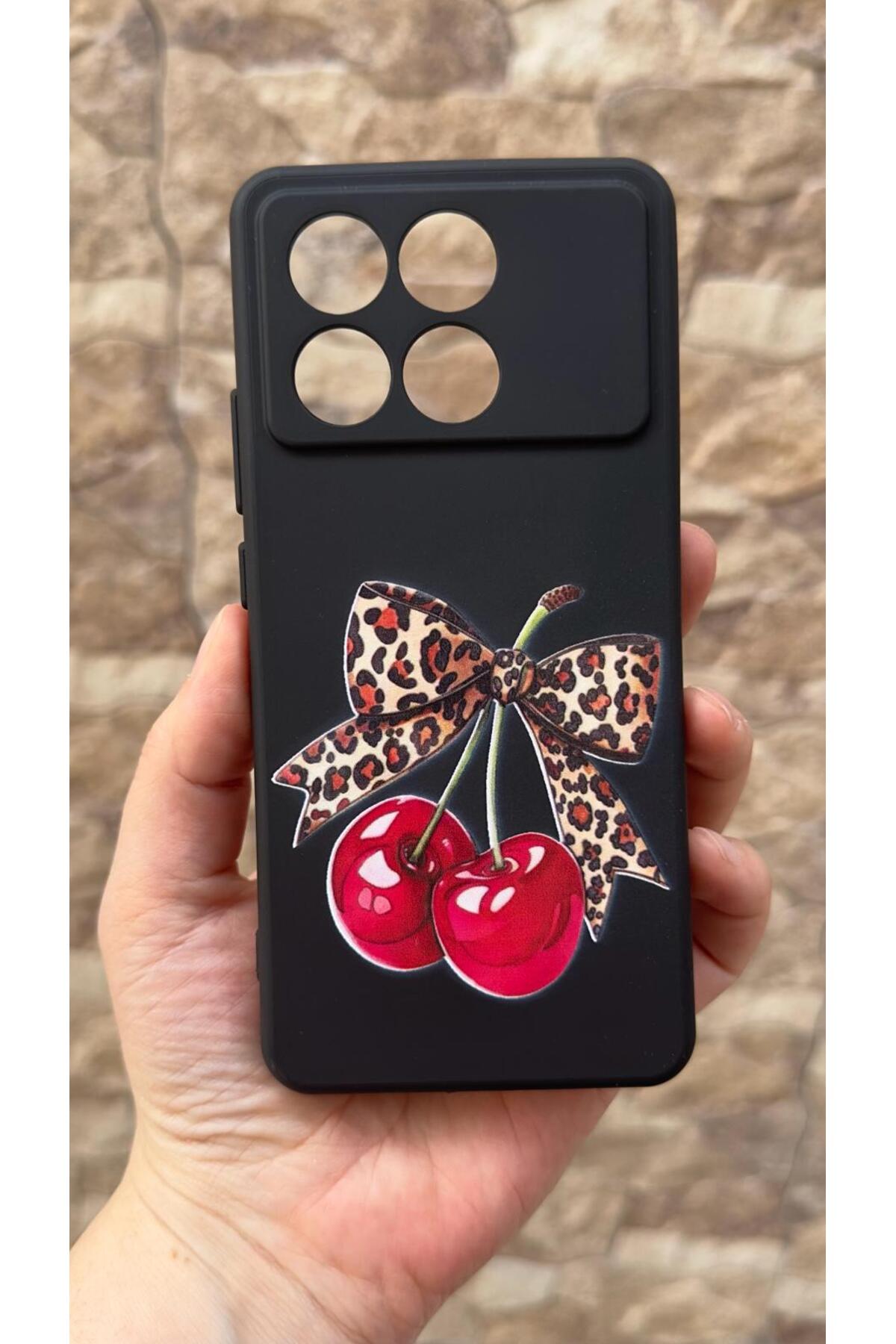 Poco X6 Pro 5G Uyumlu Kiraz Leopar Fiyonk Desenli Silikon Darbe Emici Klasik Korumalı Rubber Kılıf