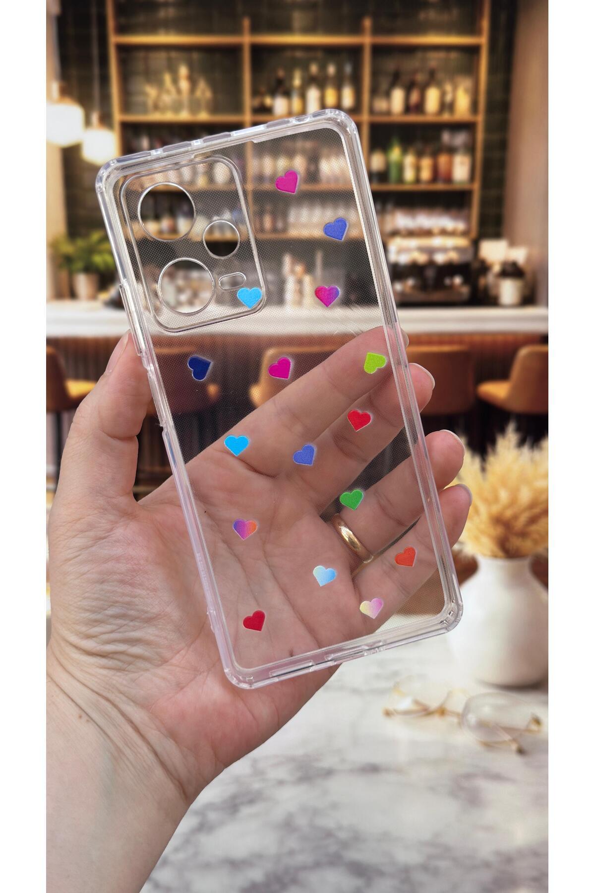 Redmi Note 12 Pro 5G Uyumlu Renkli Mini Kalp Desenli Şeffaf Darbe Emici Kamera Korumalı Clear Kılıf