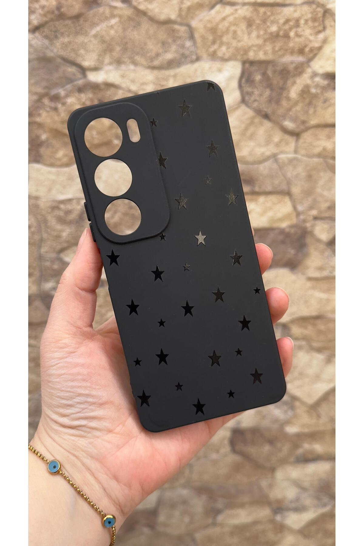 VİVO Y19S Uyumlu Mini Siyah Yıldız Desenli Silikon Darbe Emici Klasik Korumalı Rubber Kılıf