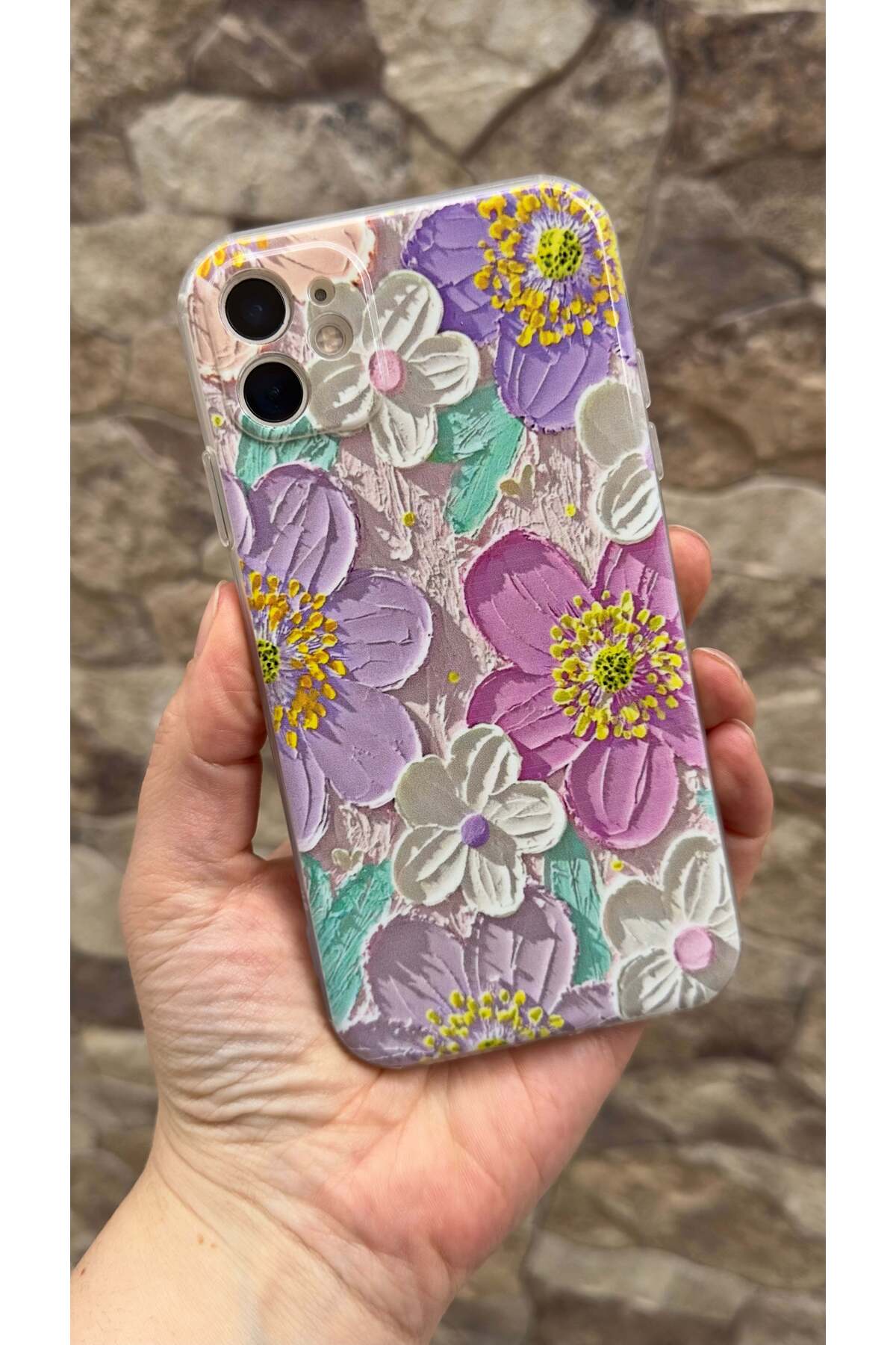 iPhone 11 Uyumlu Mor Çiçek Desenli Şeffaf Darbe Emici Kamera Korumalı Clear Kılıf